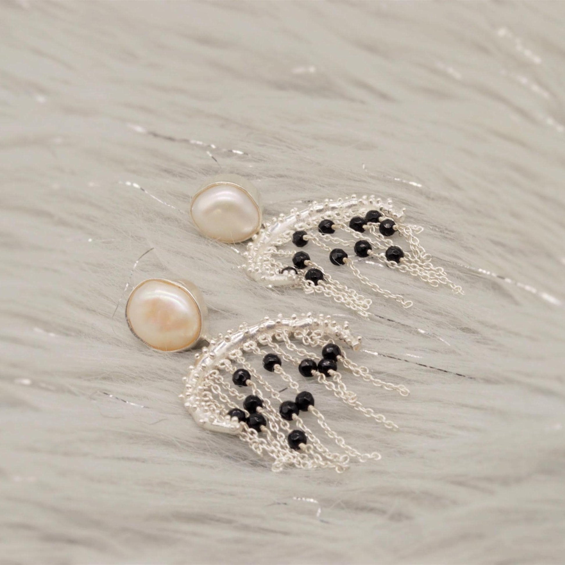 Black Onyx Pearl Sterling Silver Earrings: Beaded Jhumka Drop, June Birthstone