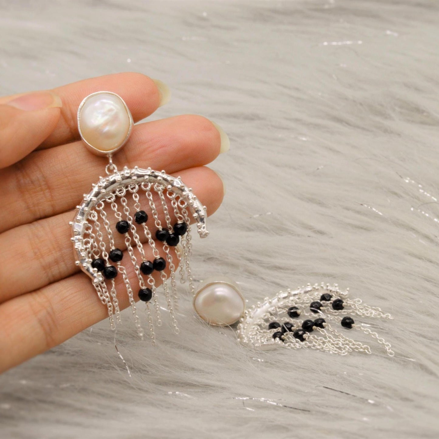 Black Onyx Pearl Sterling Silver Earrings: Beaded Jhumka Drop, June Birthstone