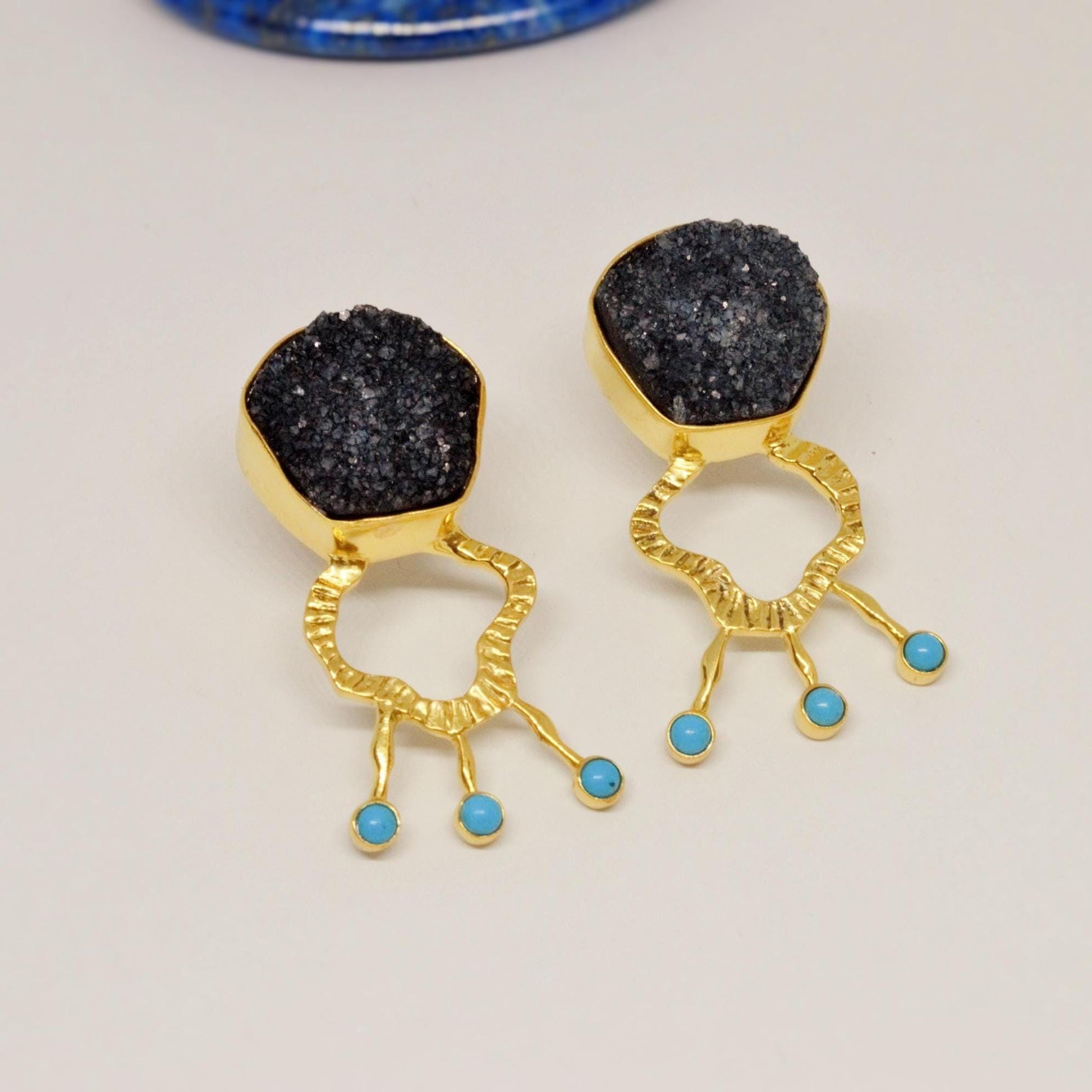 Black Druzy Agate Turquoise Silver Earrings: December Birthstone Jewelry