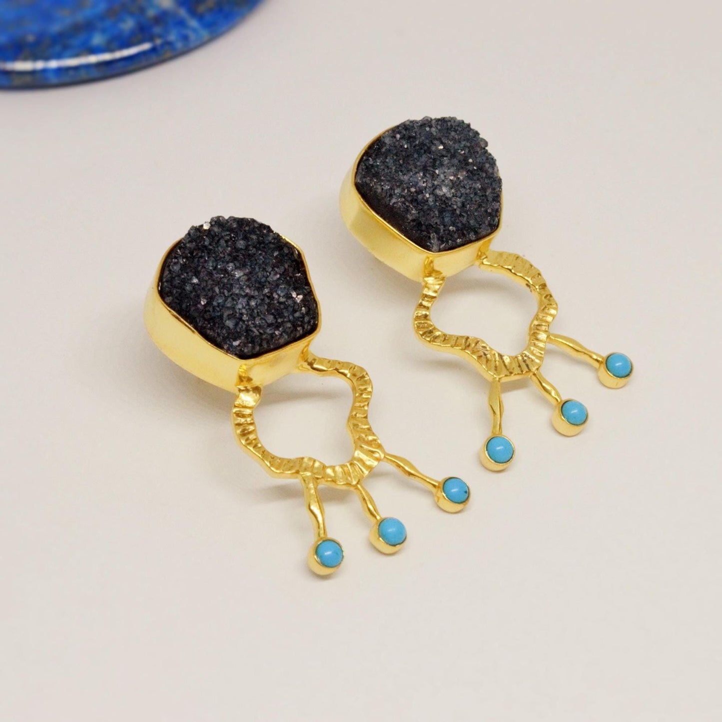 Black Druzy Agate Turquoise Silver Earrings: December Birthstone Jewelry