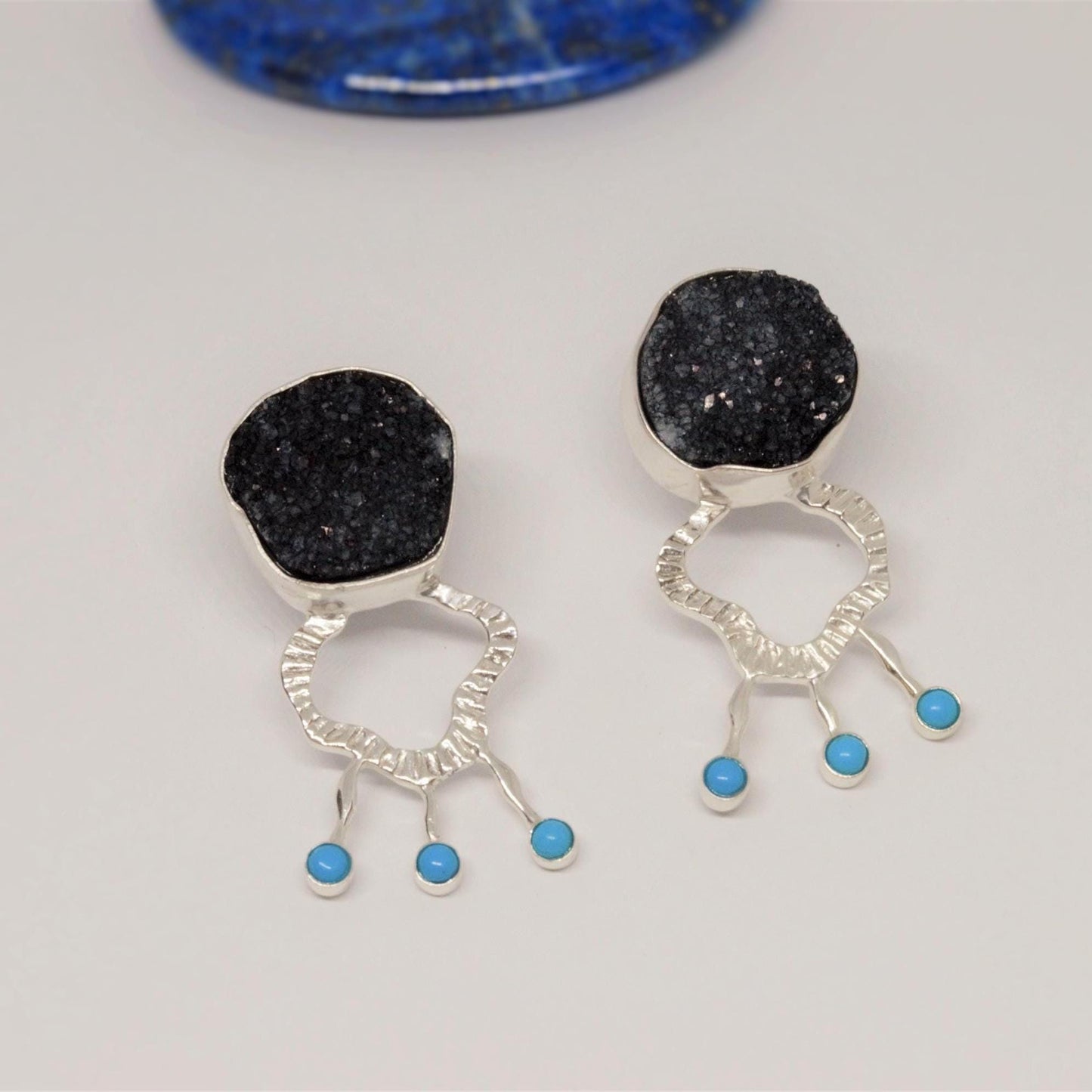 Black Druzy Agate Turquoise Silver Earrings: December Birthstone Jewelry