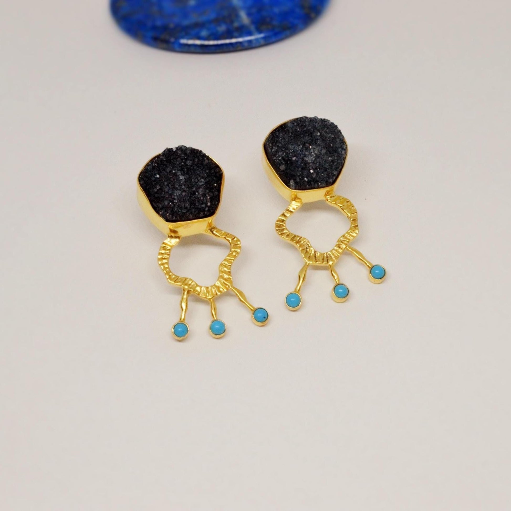 Black Druzy Agate Turquoise Silver Earrings: December Birthstone Jewelry
