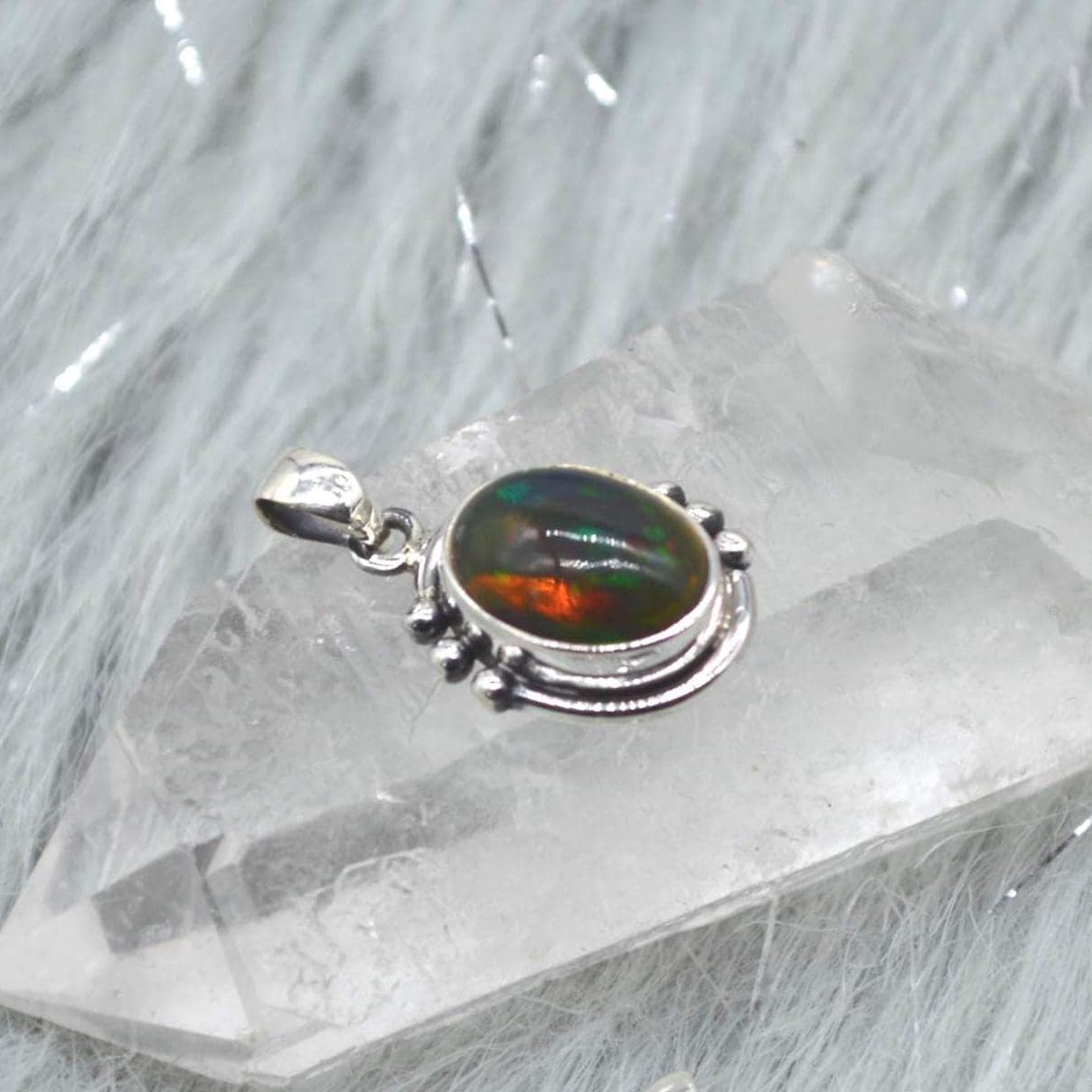 Black Fire Opal Pendant Necklace: Sterling Silver Chain