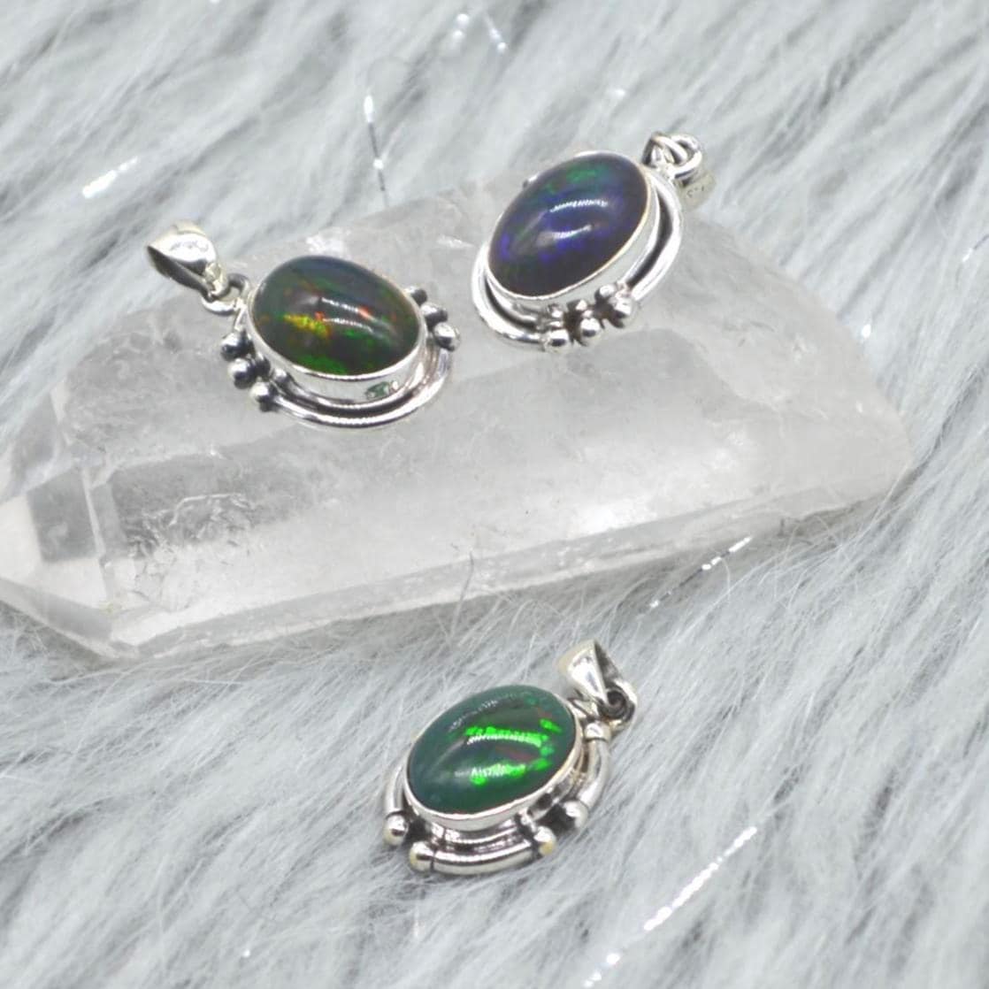 Black Fire Opal Pendant Necklace: Sterling Silver Chain