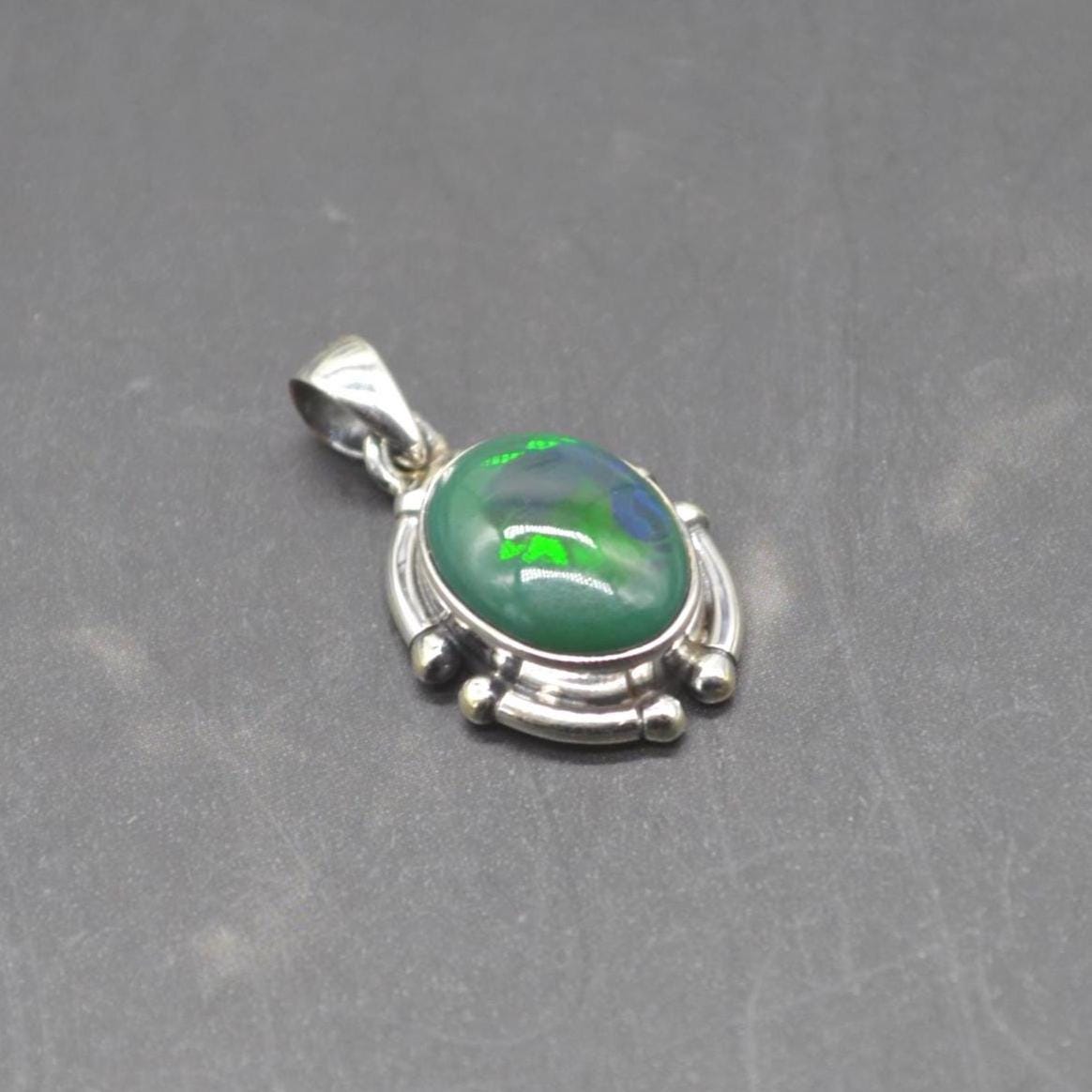 Black Fire Opal Pendant Necklace: Sterling Silver Chain