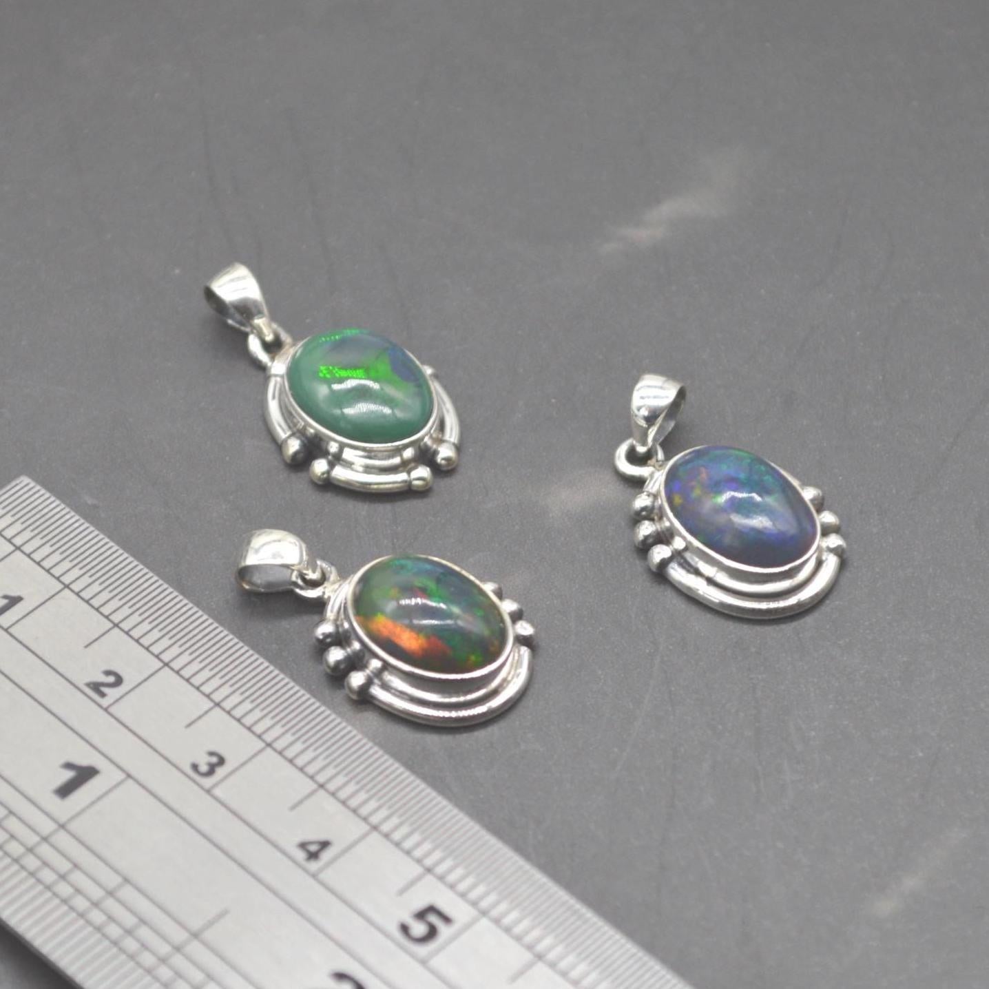 Black Fire Opal Pendant Necklace: Sterling Silver Chain