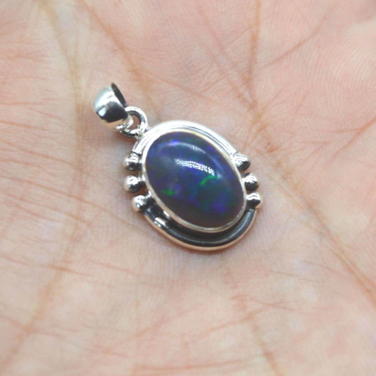 Black Fire Opal Pendant Necklace: Sterling Silver Chain
