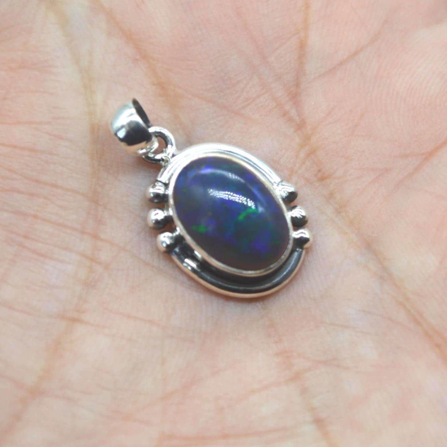 Black Fire Opal Pendant Necklace: Sterling Silver Chain