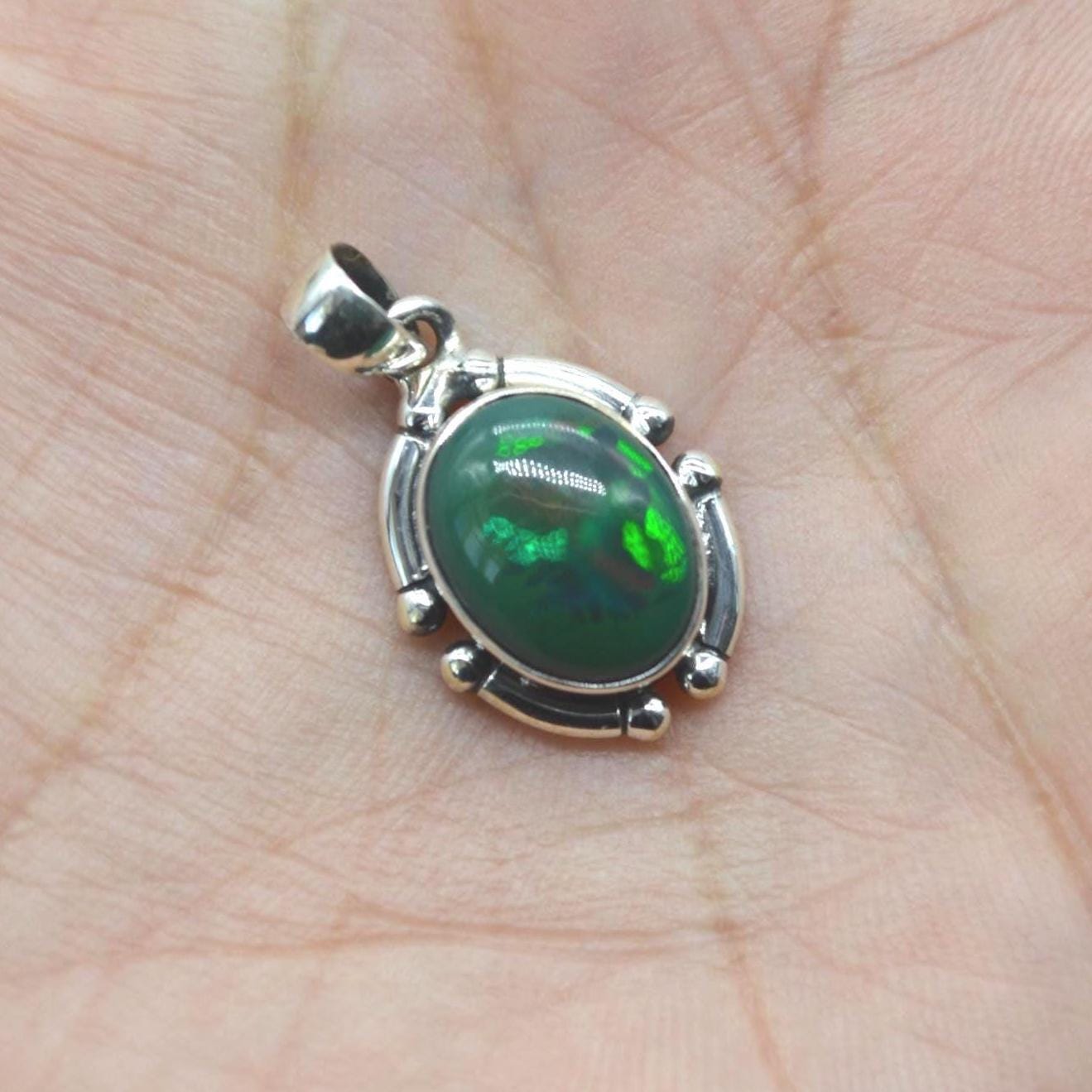 Black Fire Opal Pendant Necklace: Sterling Silver Chain