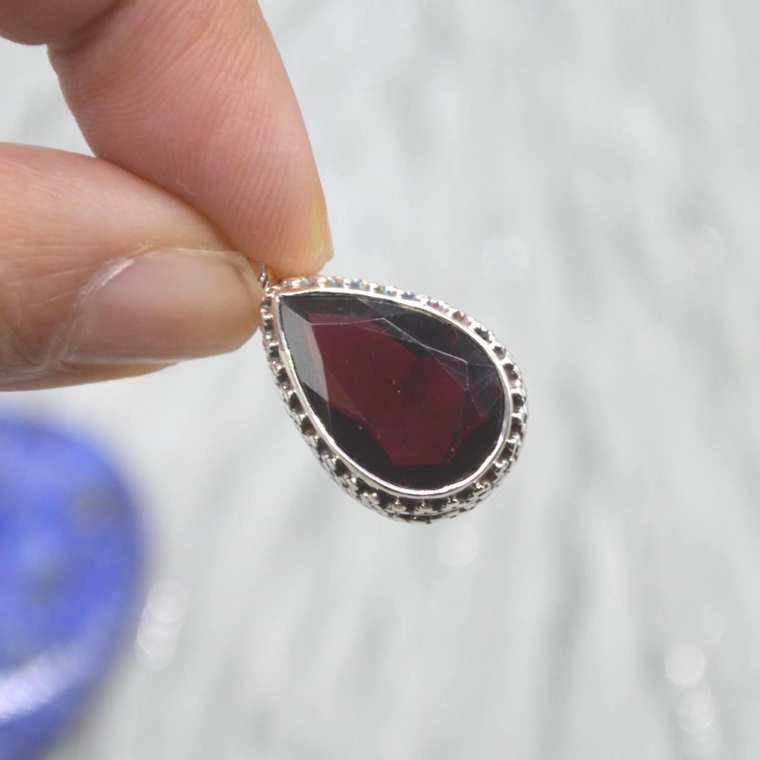 Red Garnet Teardrop Pendant Necklace: Sterling Silver