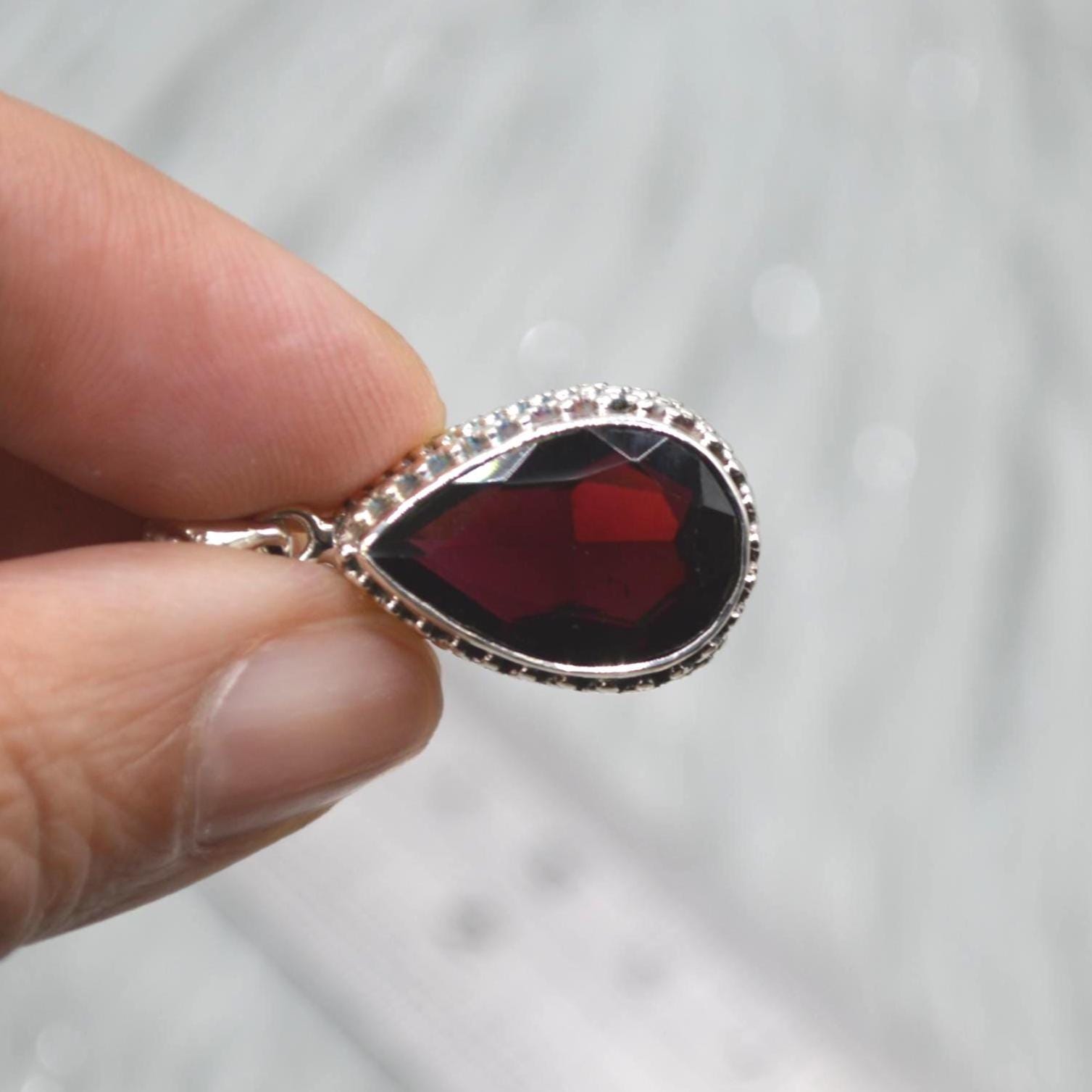 Red Garnet Teardrop Pendant Necklace: Sterling Silver