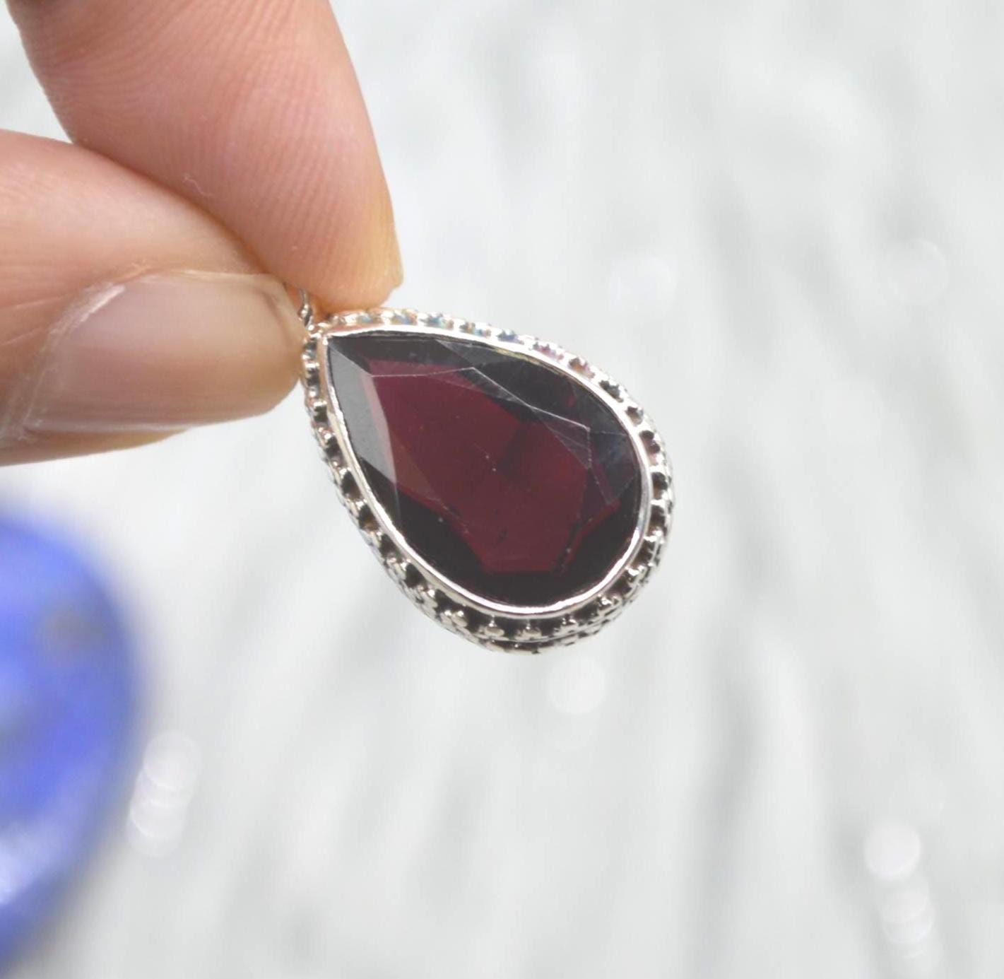 Red Garnet Teardrop Pendant Necklace: Sterling Silver