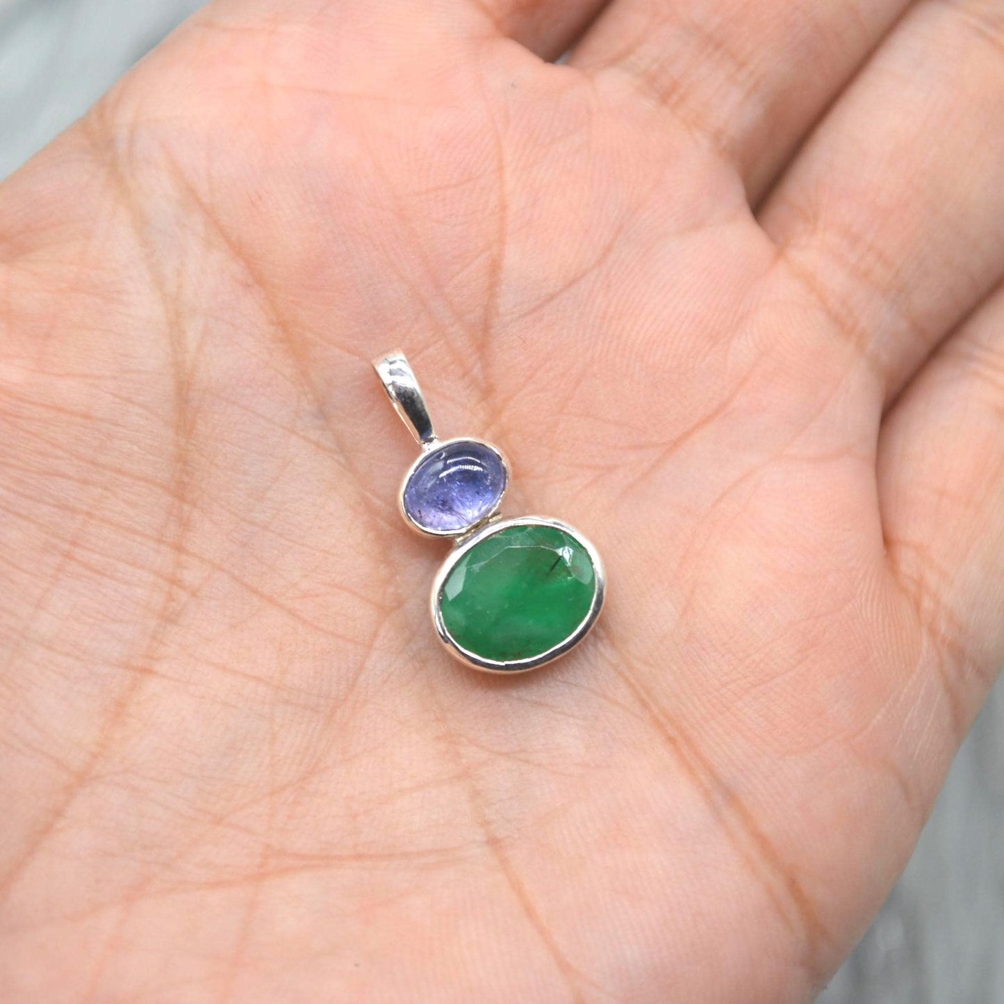 Emerald Tanzanite Pendant Necklace: Sterling Silver Chain, May December Birthstone