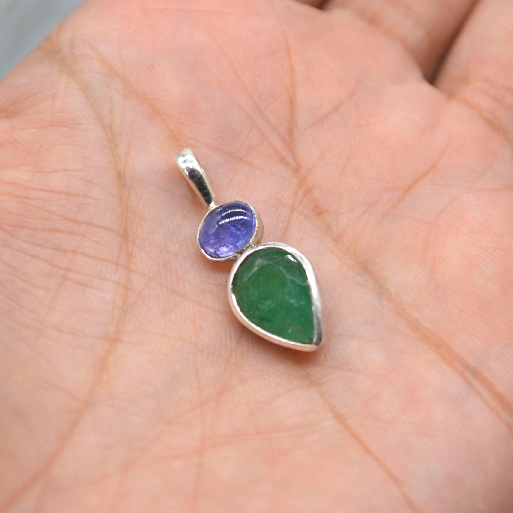 Emerald Tanzanite Pendant Necklace: Sterling Silver Chain, May December Birthstone