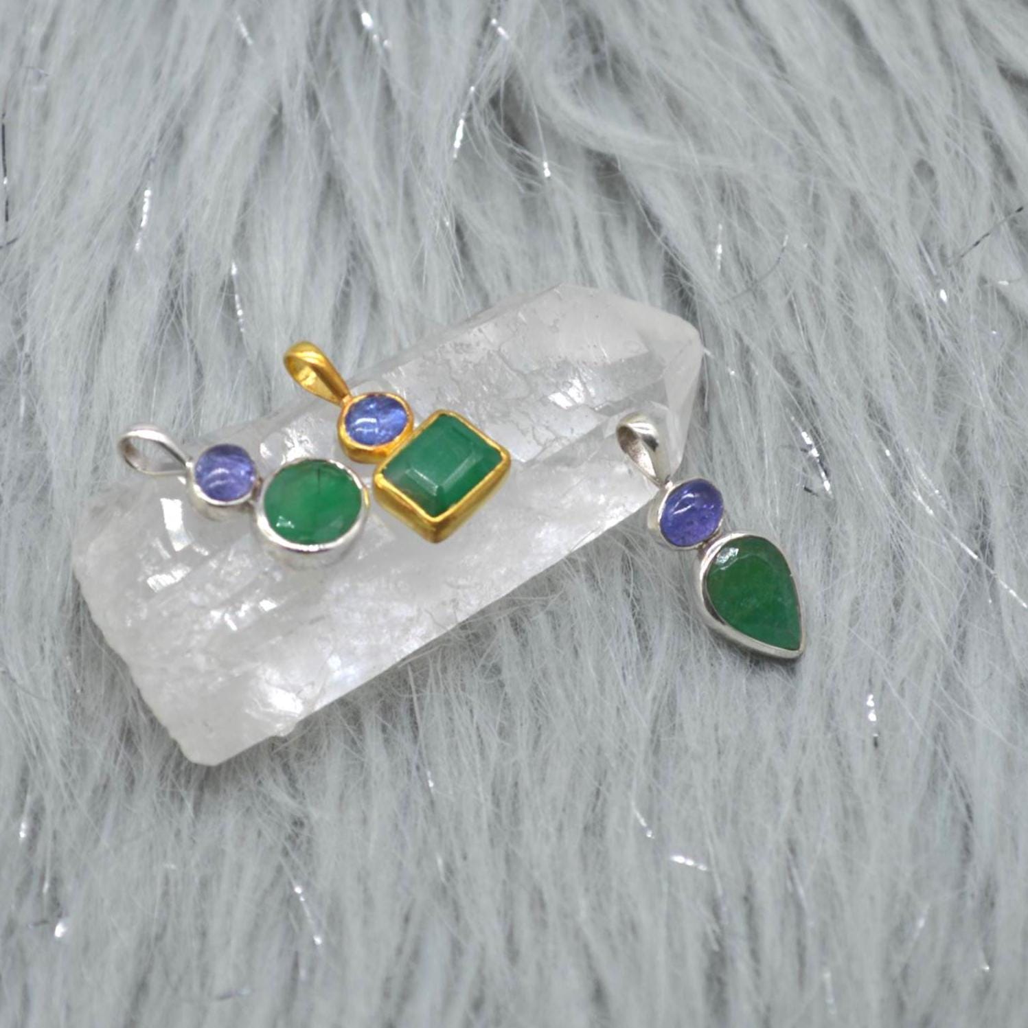 Emerald Tanzanite Pendant Necklace: Sterling Silver Chain, May December Birthstone