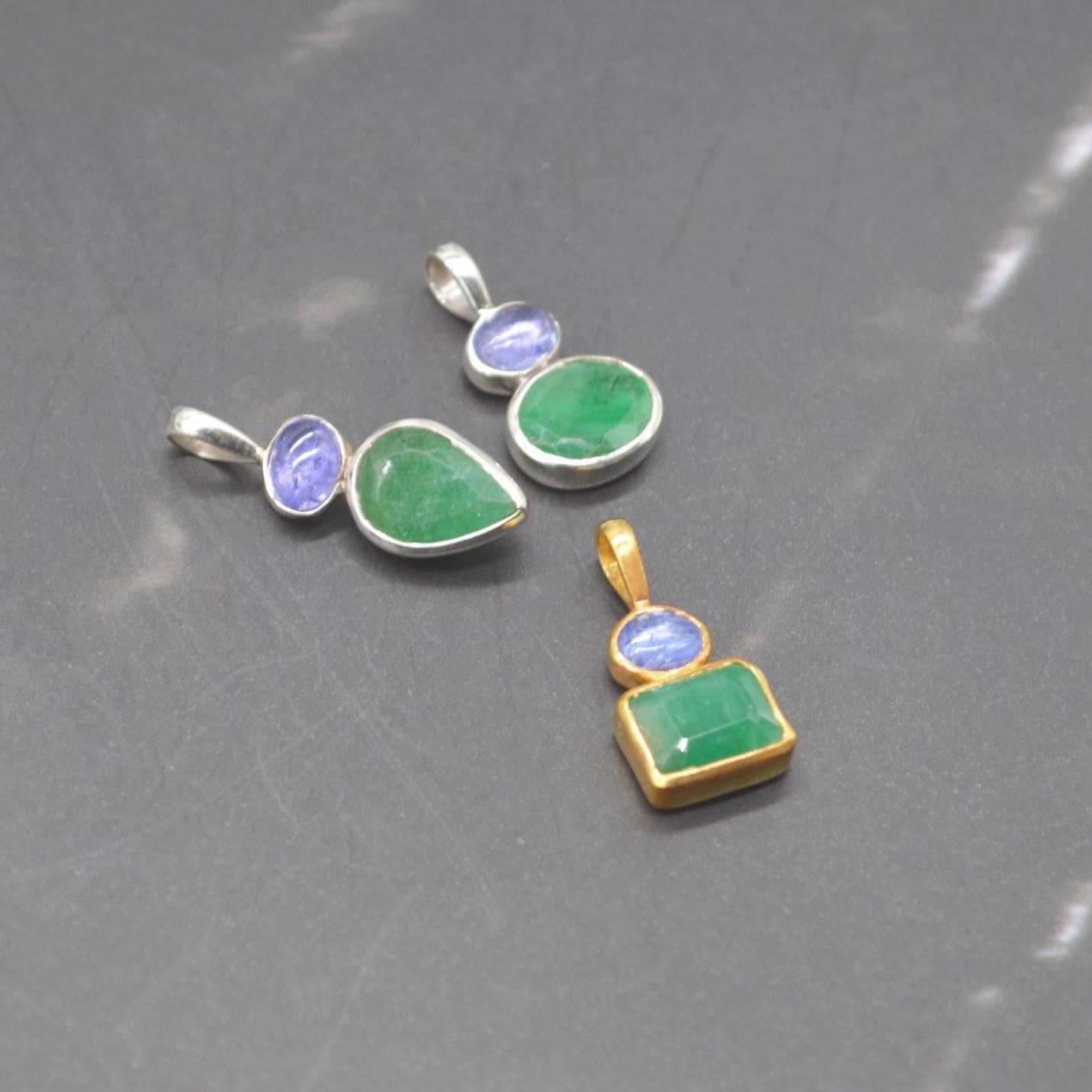 Emerald Tanzanite Pendant Necklace: Sterling Silver Chain, May December Birthstone