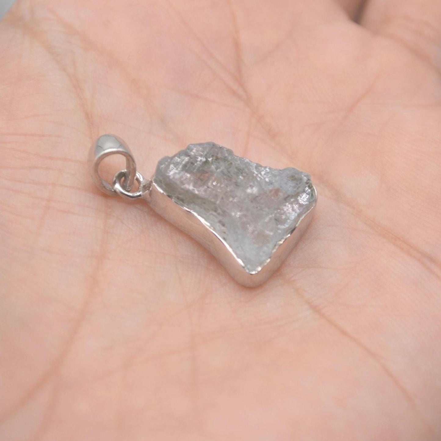 Raw Aquamarine Pendant Necklace: Sterling Silver, March Birthstone