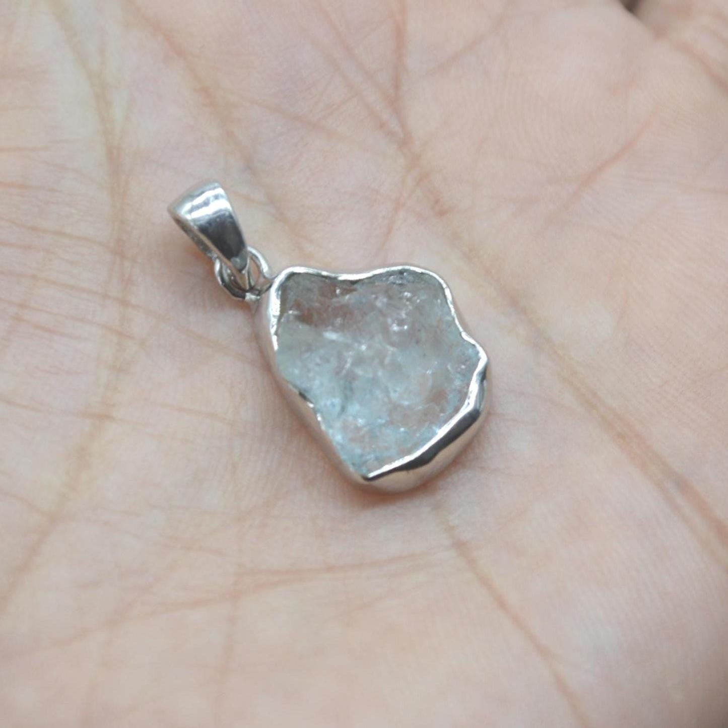 Raw Aquamarine Pendant Necklace: Sterling Silver, March Birthstone