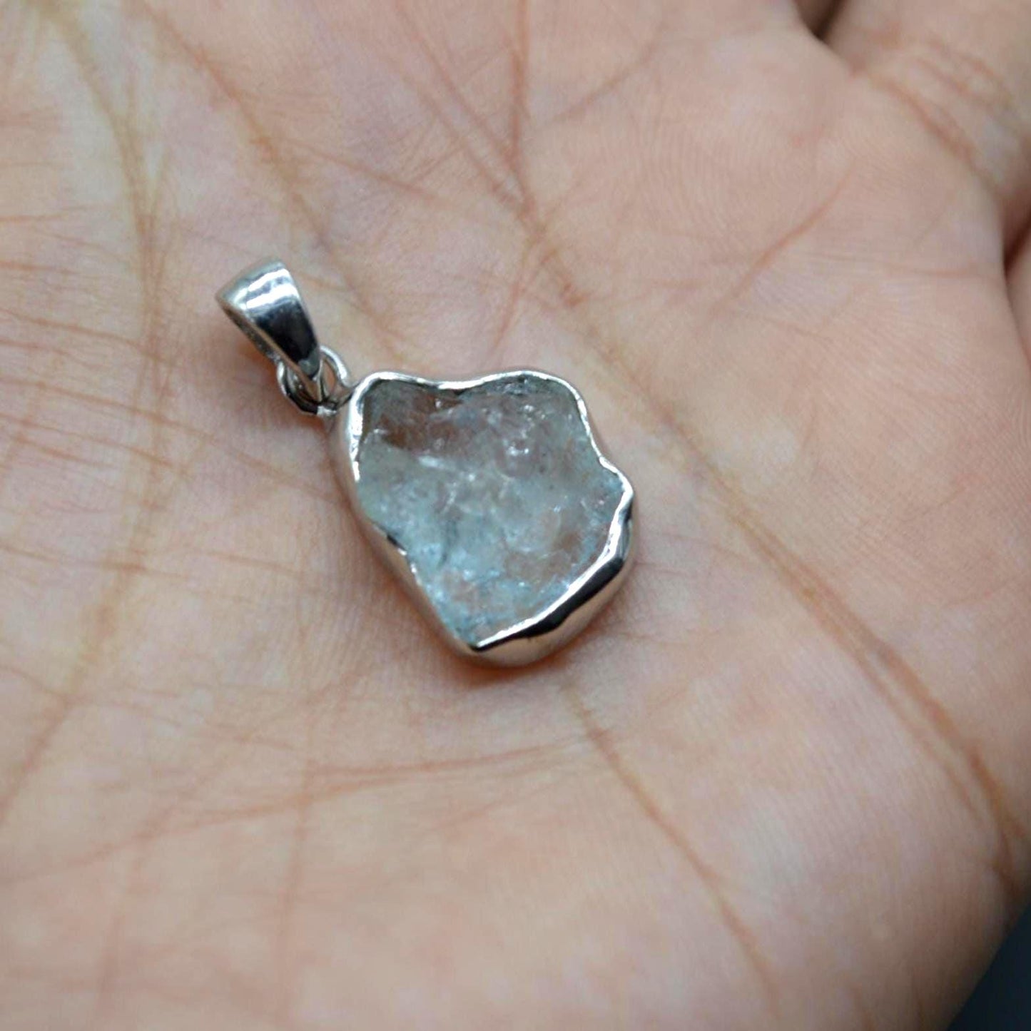 Raw Aquamarine Pendant Necklace: Sterling Silver, March Birthstone