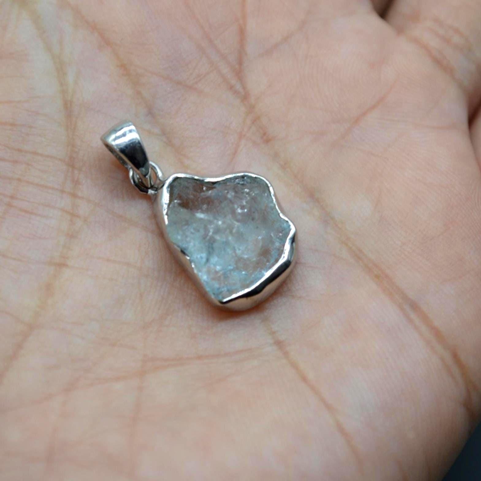 Raw Aquamarine Pendant Necklace: Sterling Silver, March Birthstone