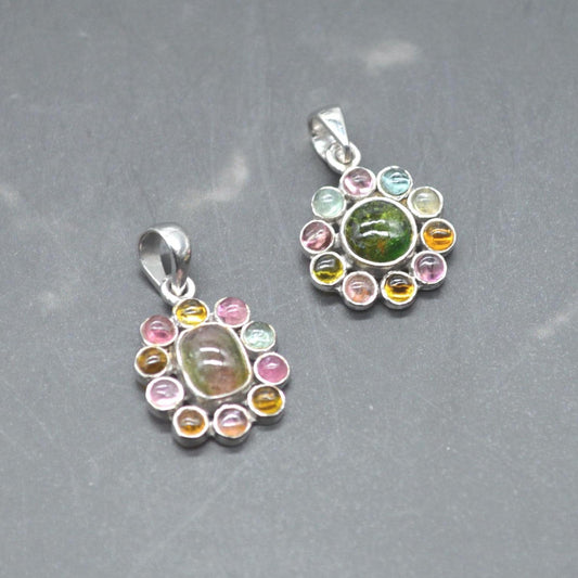 Green Pink Tourmaline Pendant Necklace: Sterling Silver Chain, October Birthstone