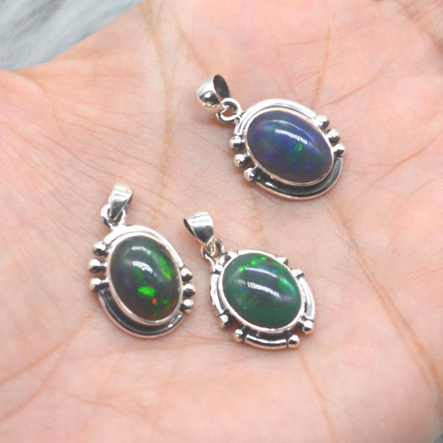Black Fire Opal Pendant Necklace: Sterling Silver Chain