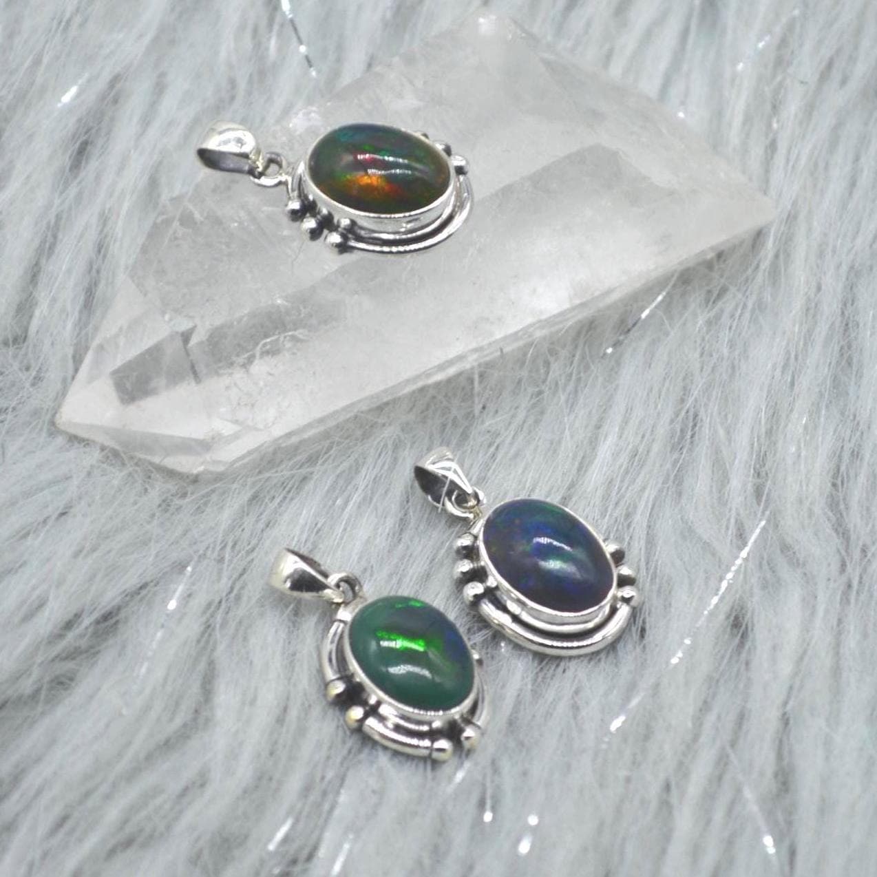 Black Fire Opal Pendant Necklace: Sterling Silver Chain