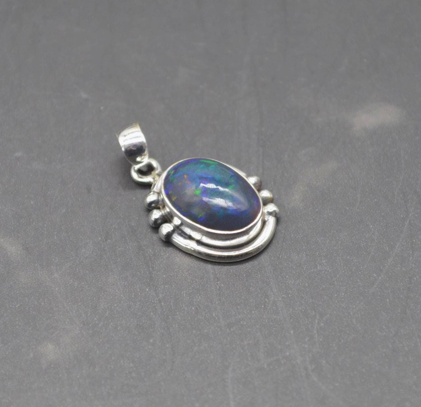 Black Fire Opal Pendant Necklace: Sterling Silver Chain