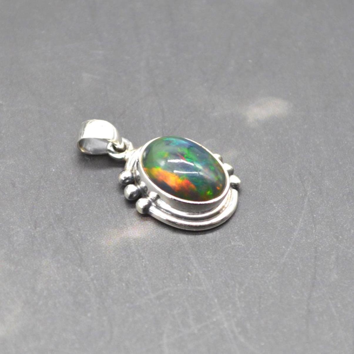 Black Fire Opal Pendant Necklace: Sterling Silver Chain