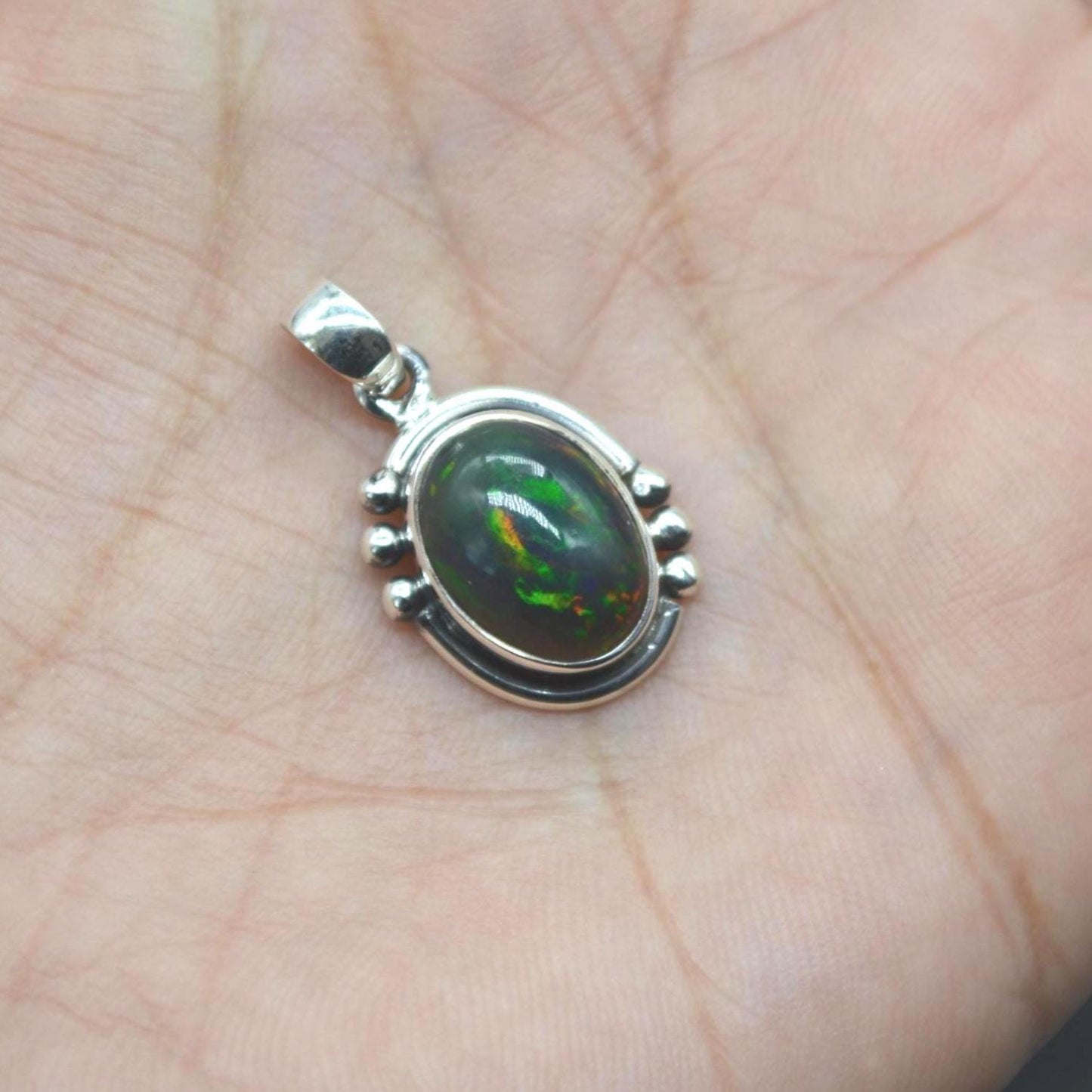 Black Fire Opal Pendant Necklace: Sterling Silver Chain