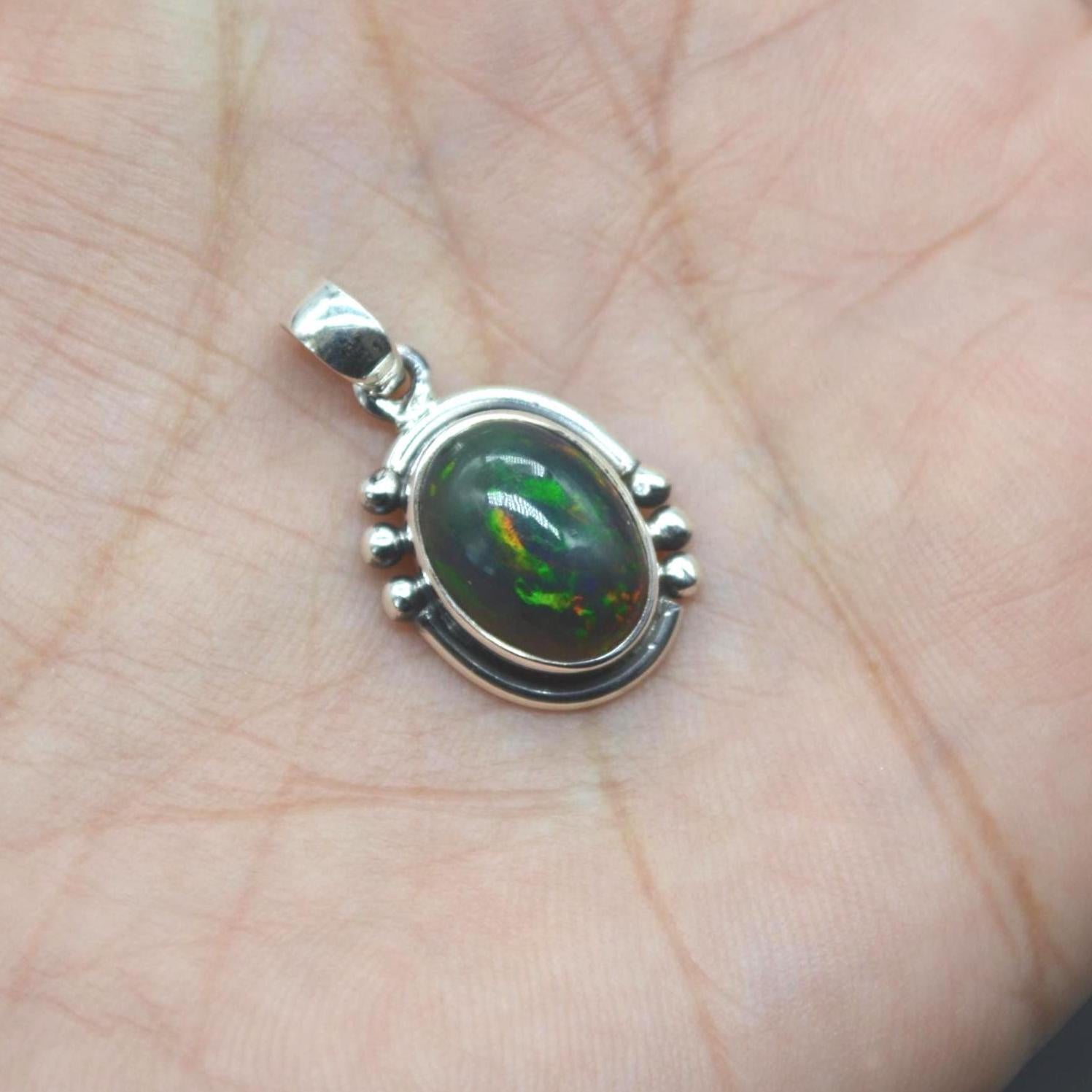 Black Fire Opal Pendant Necklace: Sterling Silver Chain