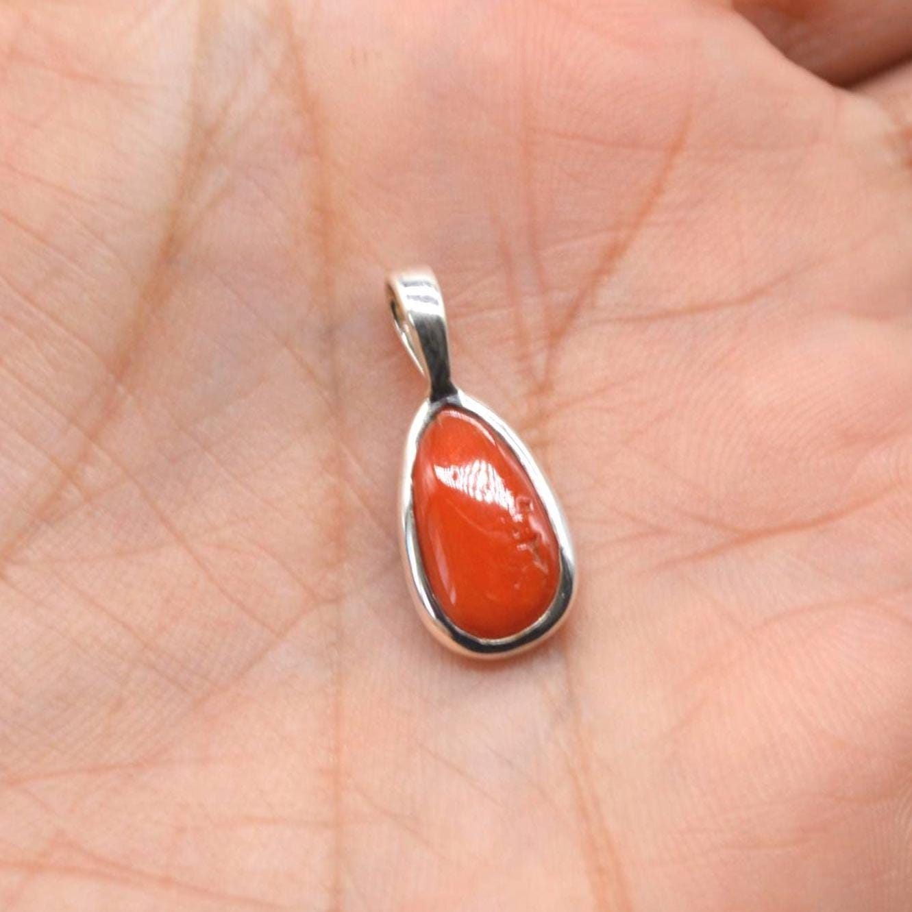 Red Coral Silver Pendant Necklace: Dainty Gemstone Jewelry