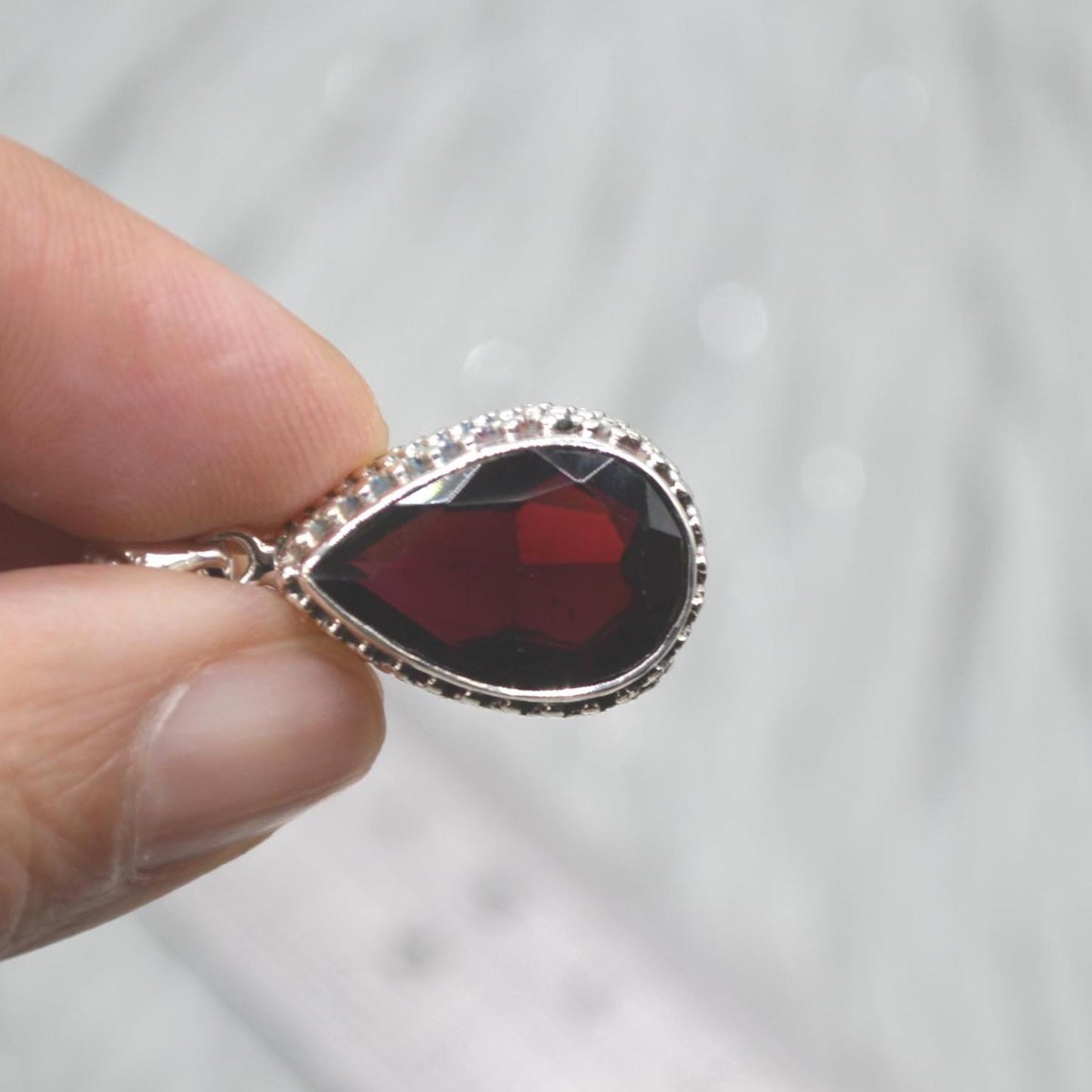 Red Garnet Teardrop Pendant Necklace: Sterling Silver