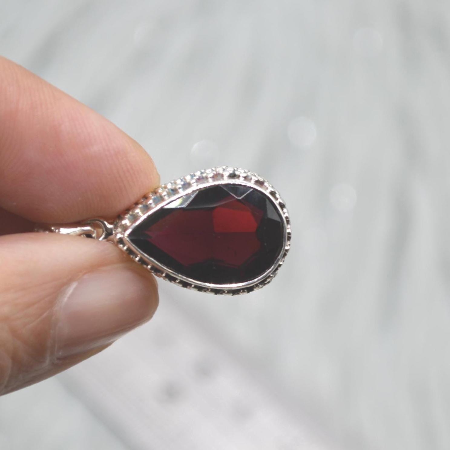 Red Garnet Teardrop Pendant Necklace: Sterling Silver