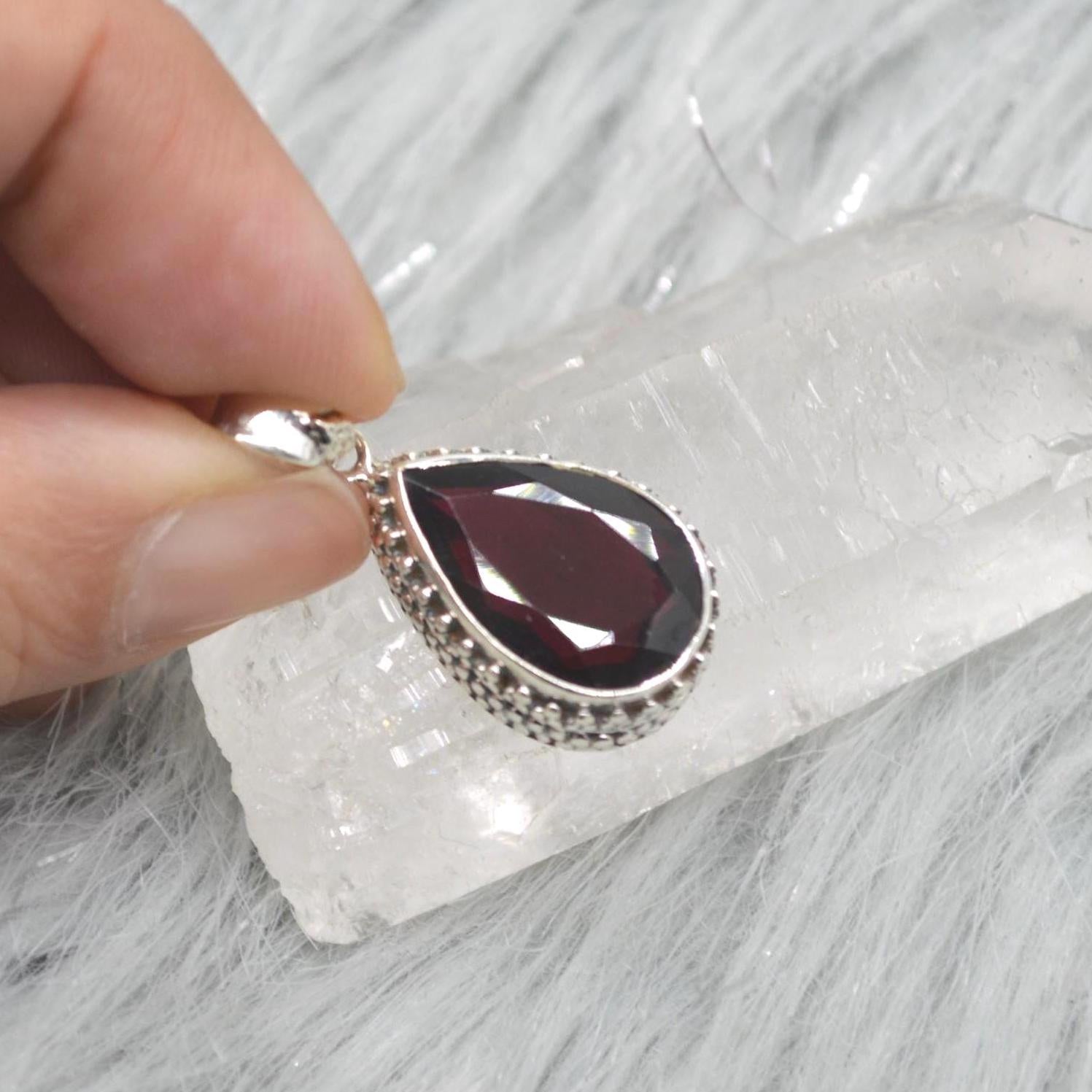 Red Garnet Teardrop Pendant Necklace: Sterling Silver