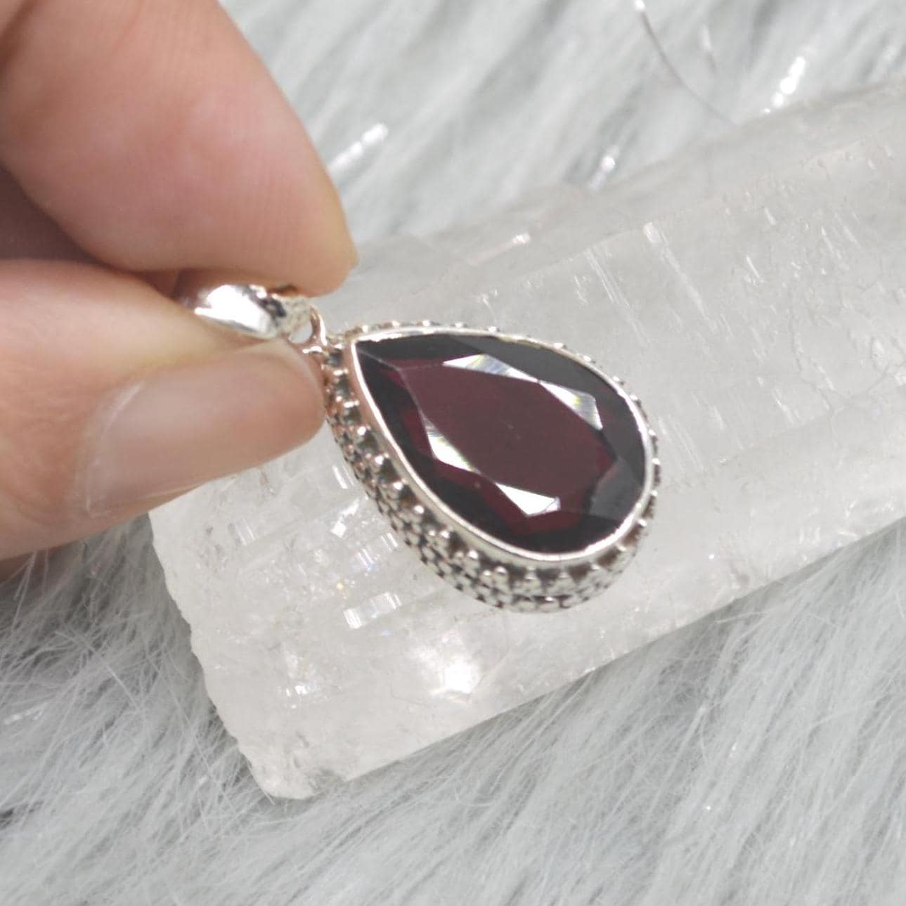 Red Garnet Teardrop Pendant Necklace: Sterling Silver