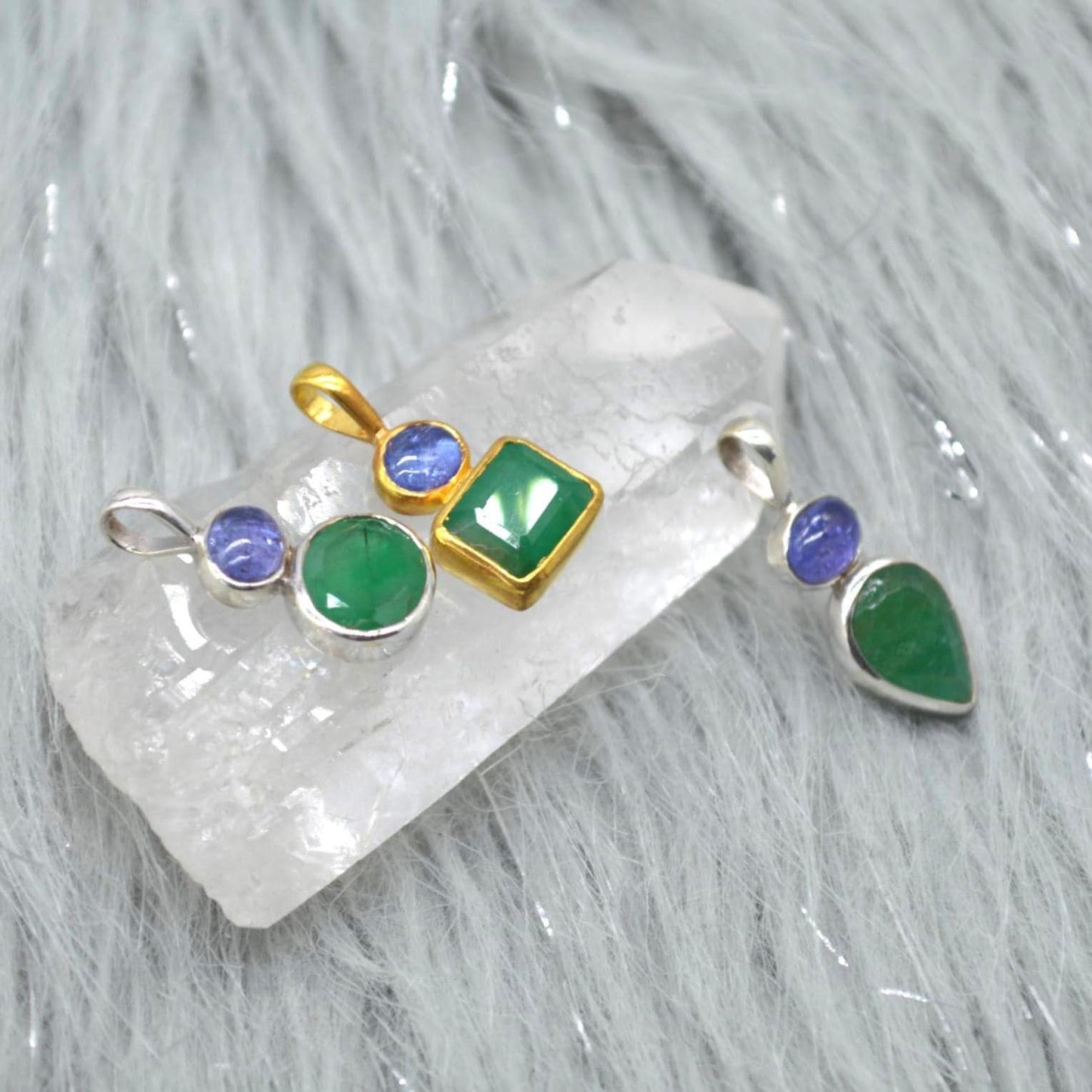 Emerald Tanzanite Pendant Necklace: Sterling Silver Chain, May December Birthstone