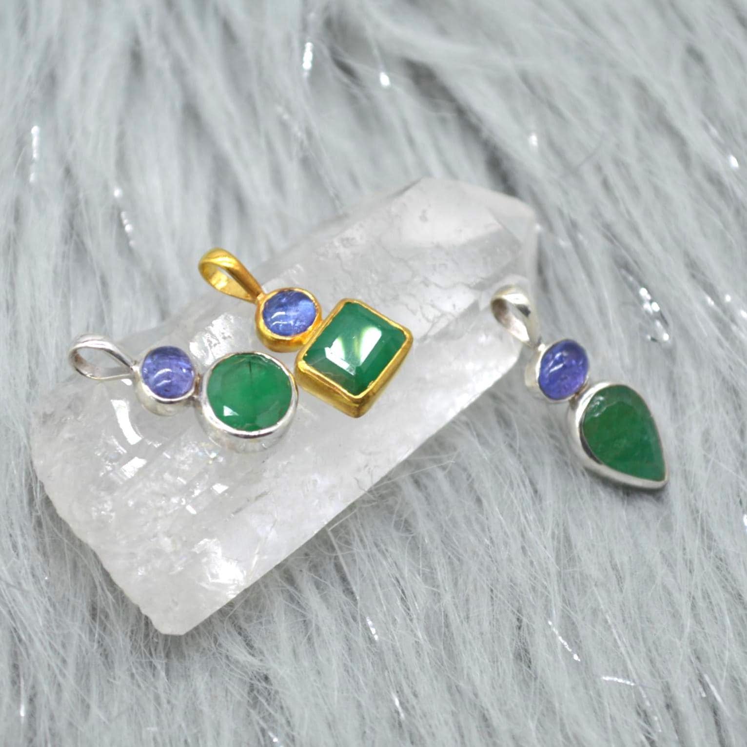 Emerald Tanzanite Pendant Necklace: Sterling Silver Chain, May December Birthstone