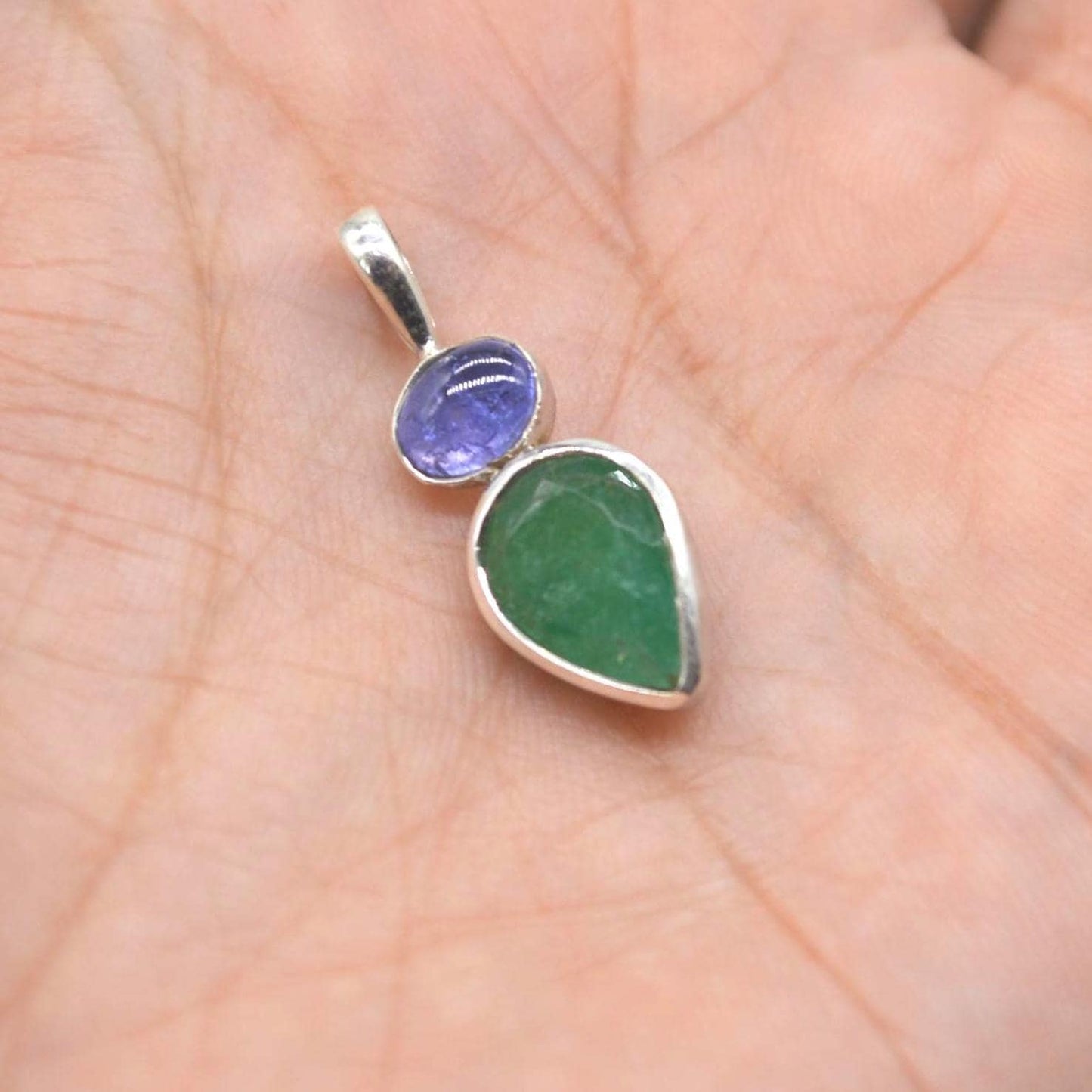 Emerald Tanzanite Pendant Necklace: Sterling Silver Chain, May December Birthstone
