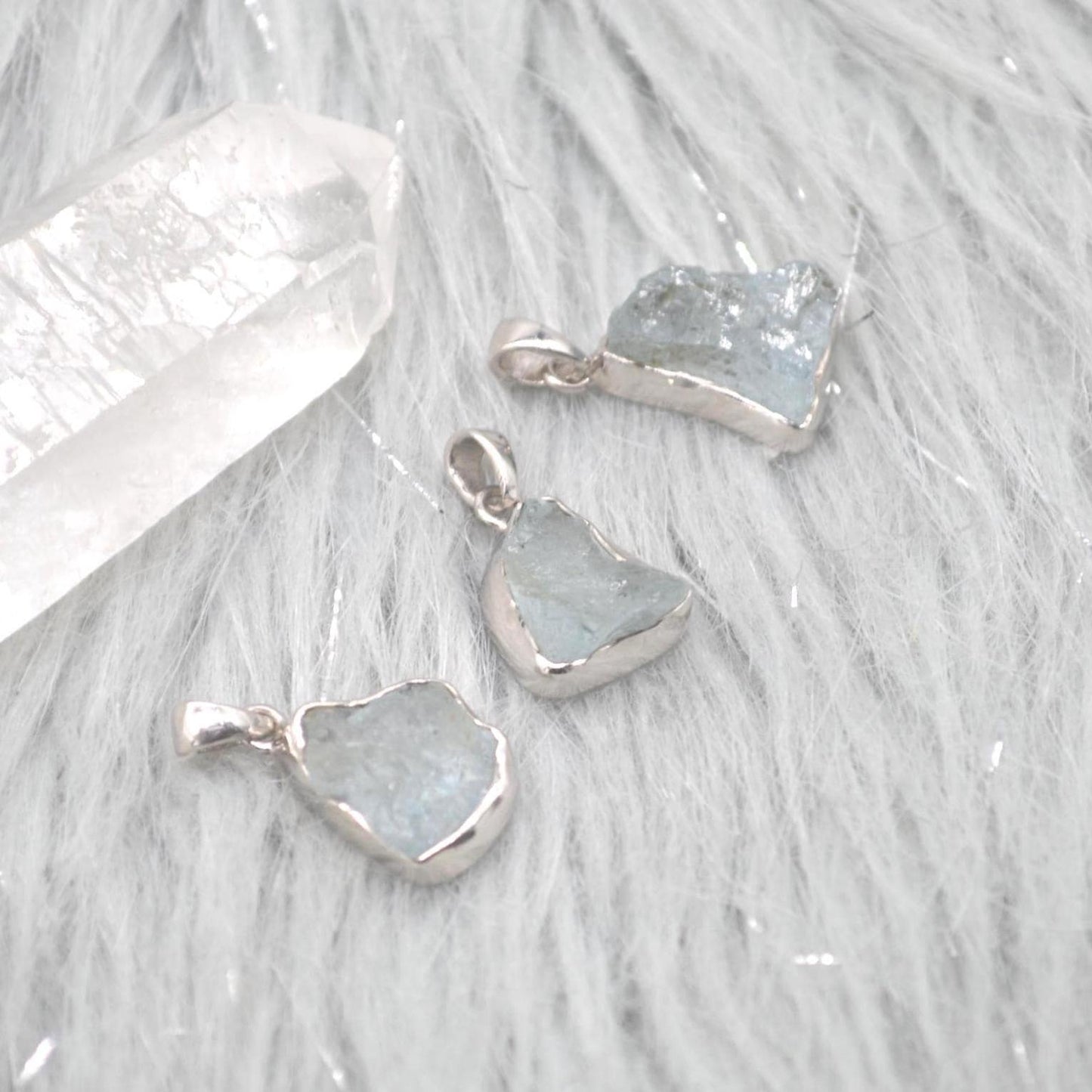 Raw Aquamarine Pendant Necklace: Sterling Silver, March Birthstone
