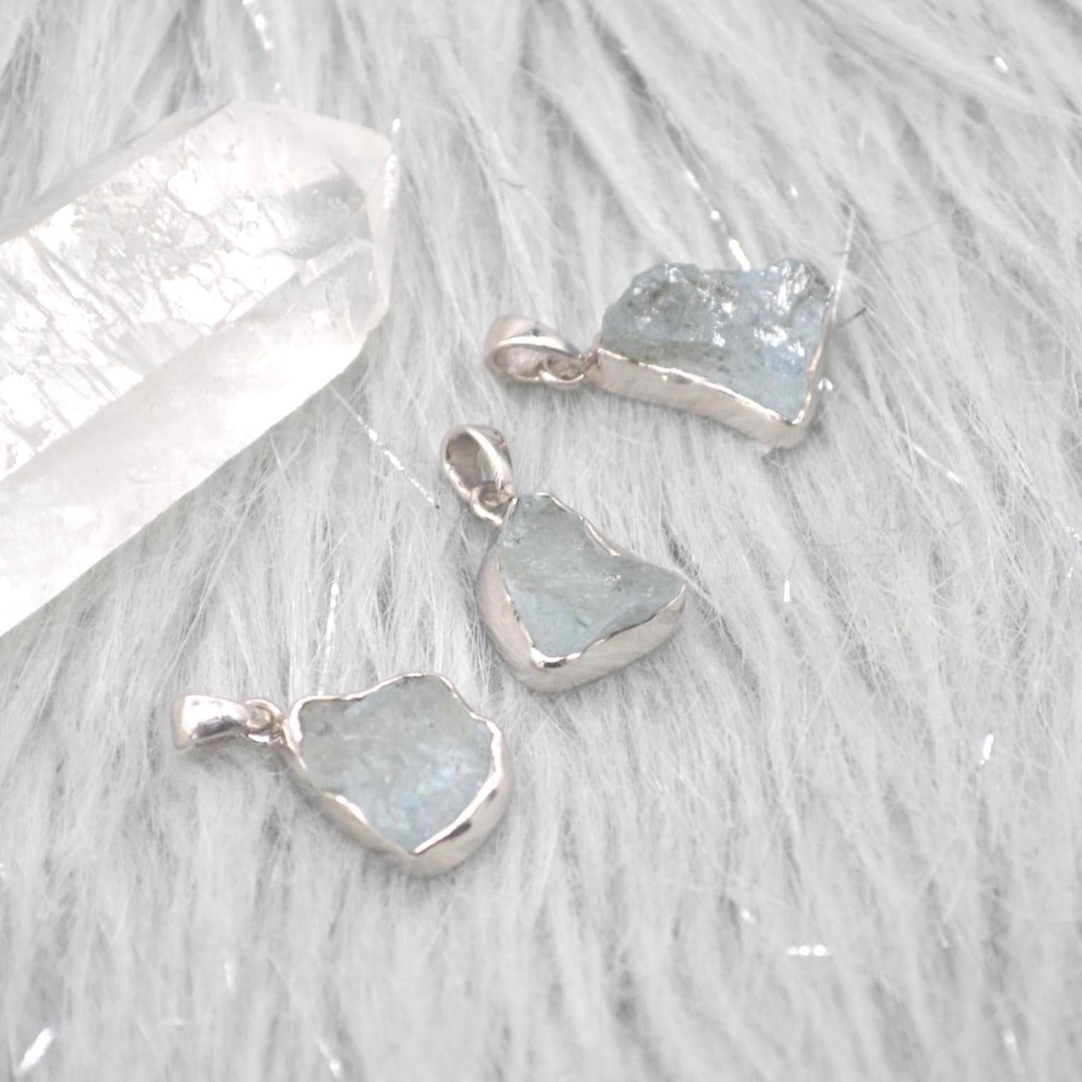 Raw Aquamarine Pendant Necklace: Sterling Silver, March Birthstone