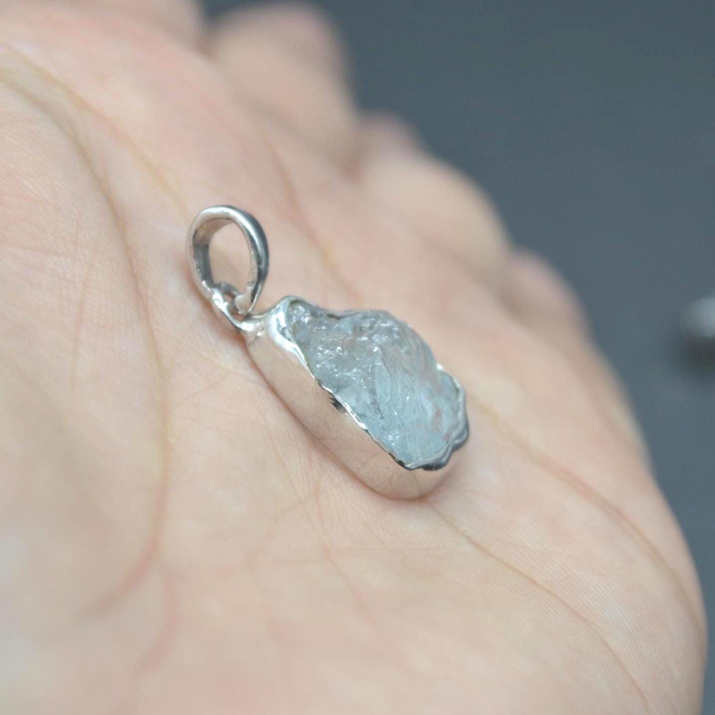 Raw Aquamarine Pendant Necklace: Sterling Silver, March Birthstone