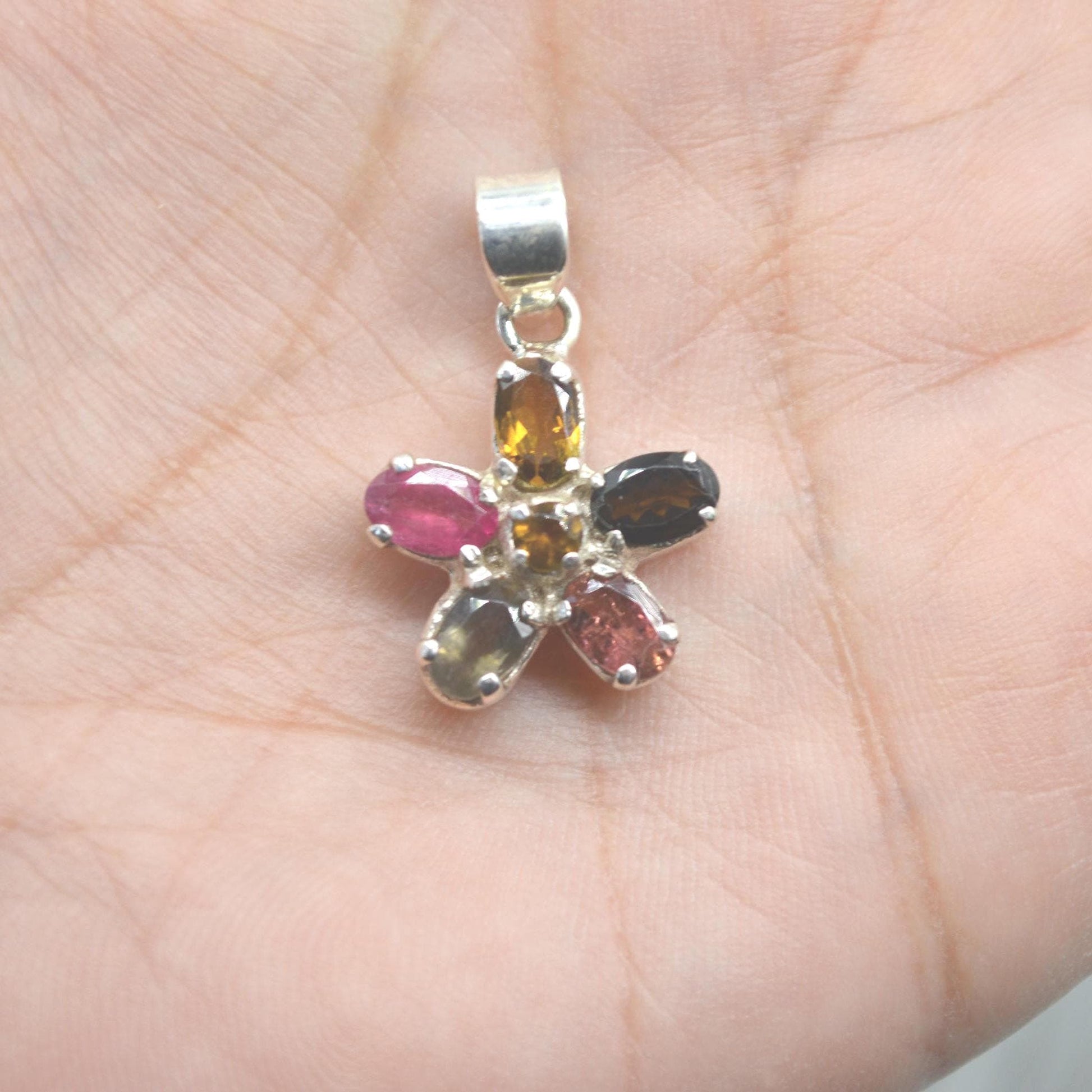 Tourmaline Silver Pendant Necklace: Pink, Green, Yellow Gemstone, October Birthstone