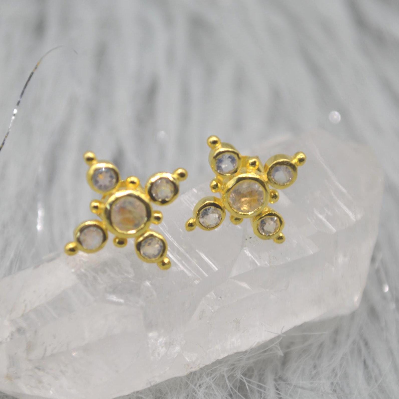 Rainbow Moonstone Gold Stud Earrings: Sterling Silver