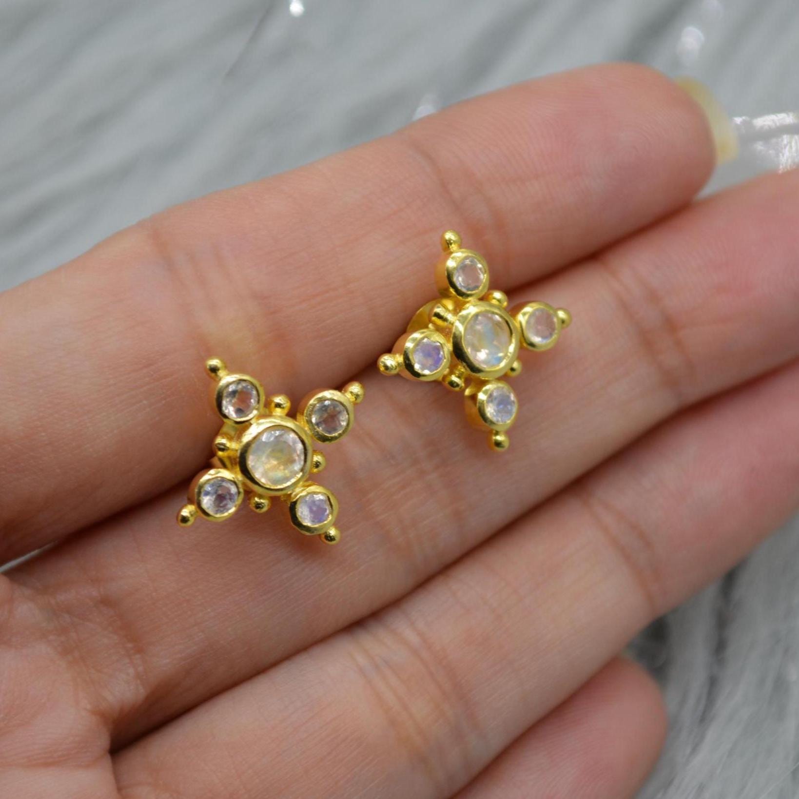 Rainbow Moonstone Gold Stud Earrings: Sterling Silver