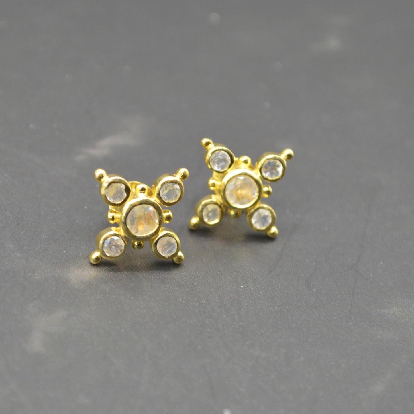 Rainbow Moonstone Gold Stud Earrings: Sterling Silver