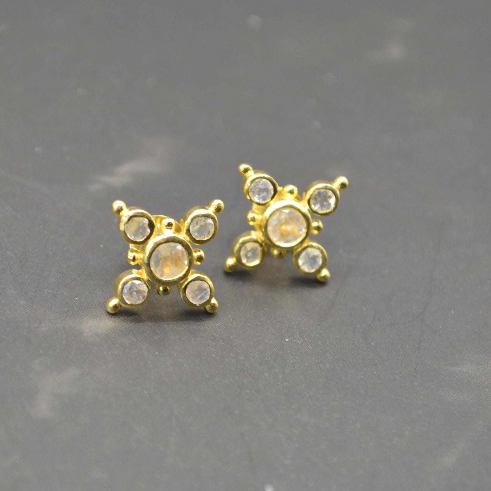 Rainbow Moonstone Gold Stud Earrings: Sterling Silver