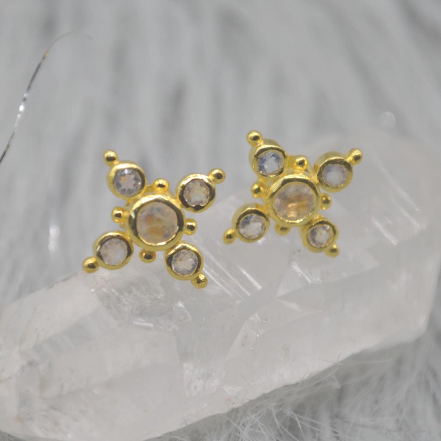 Rainbow Moonstone Gold Stud Earrings: Sterling Silver