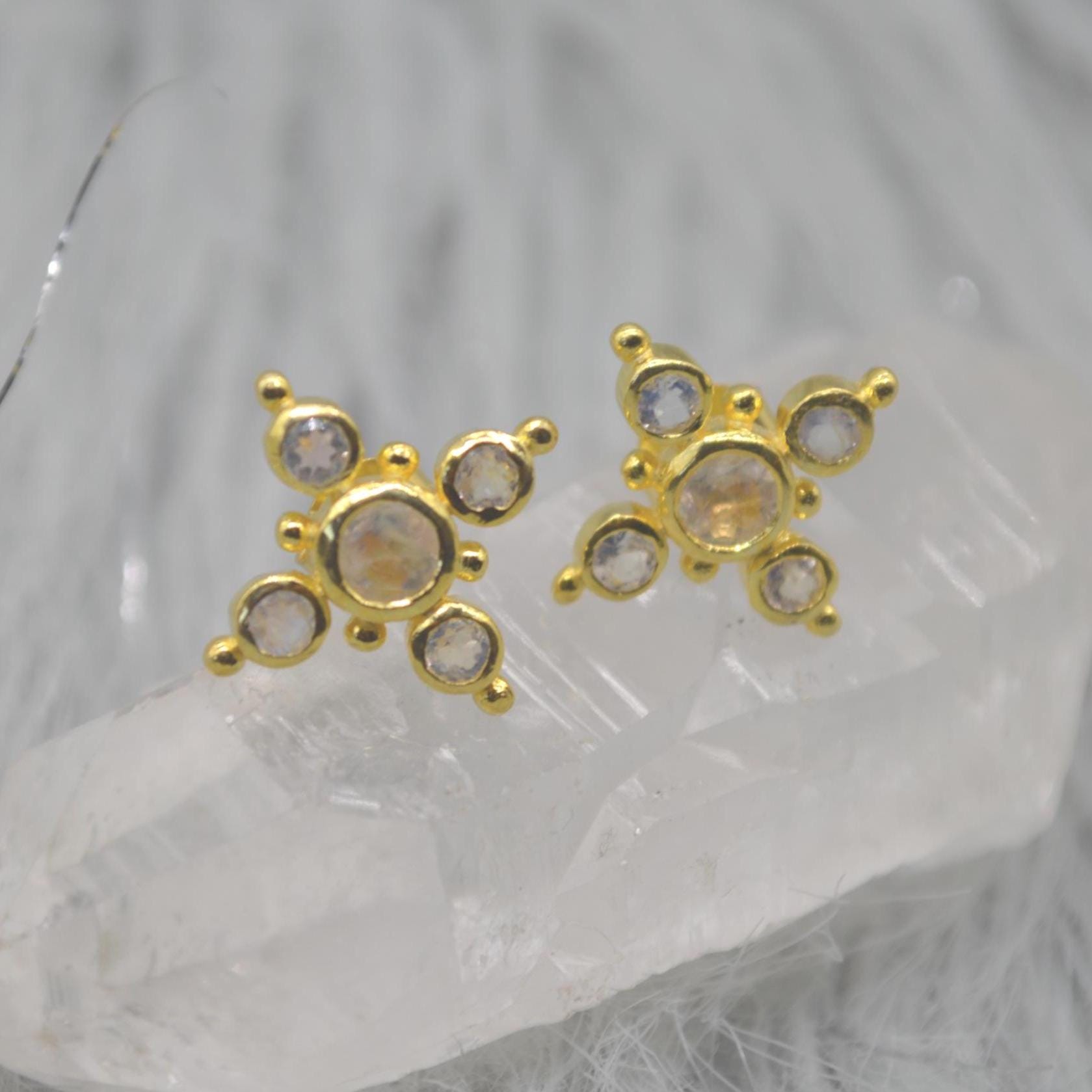 Rainbow Moonstone Gold Stud Earrings: Sterling Silver