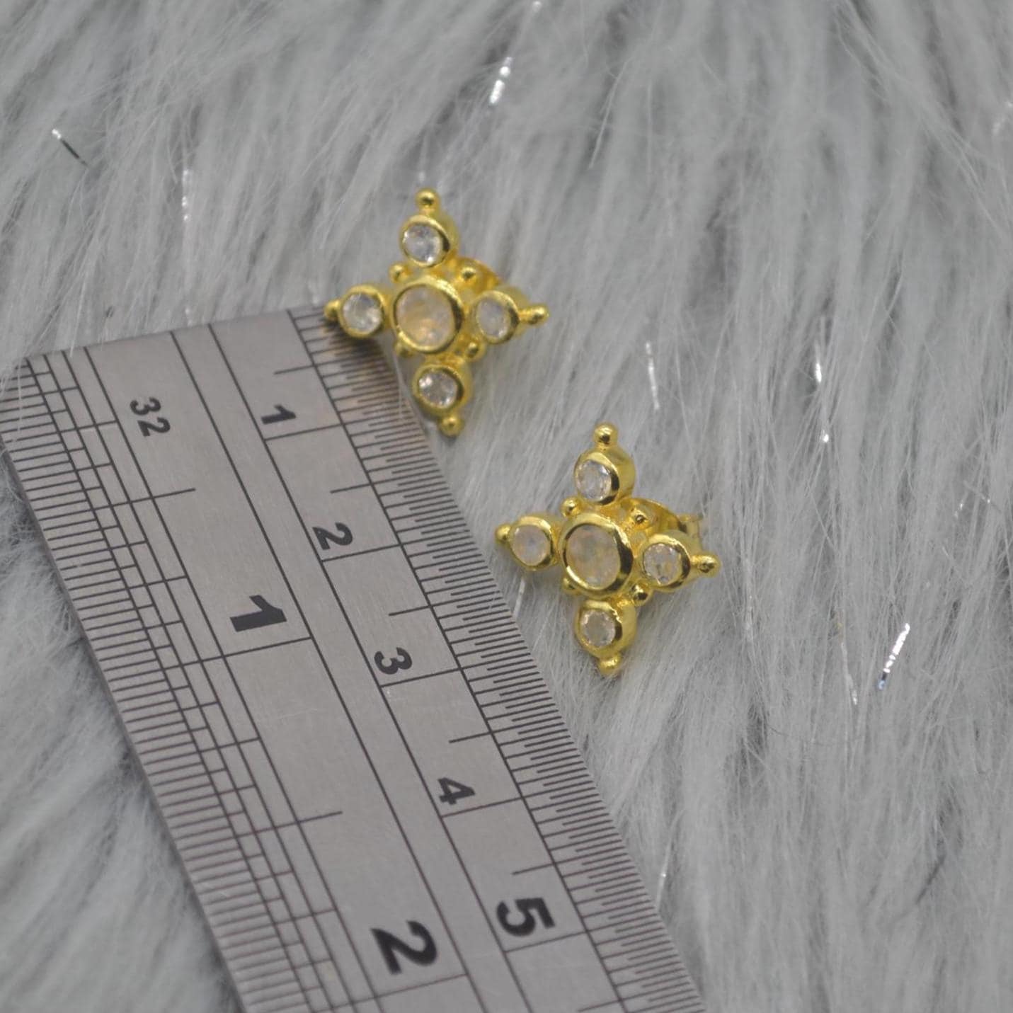 Rainbow Moonstone Gold Stud Earrings: Sterling Silver